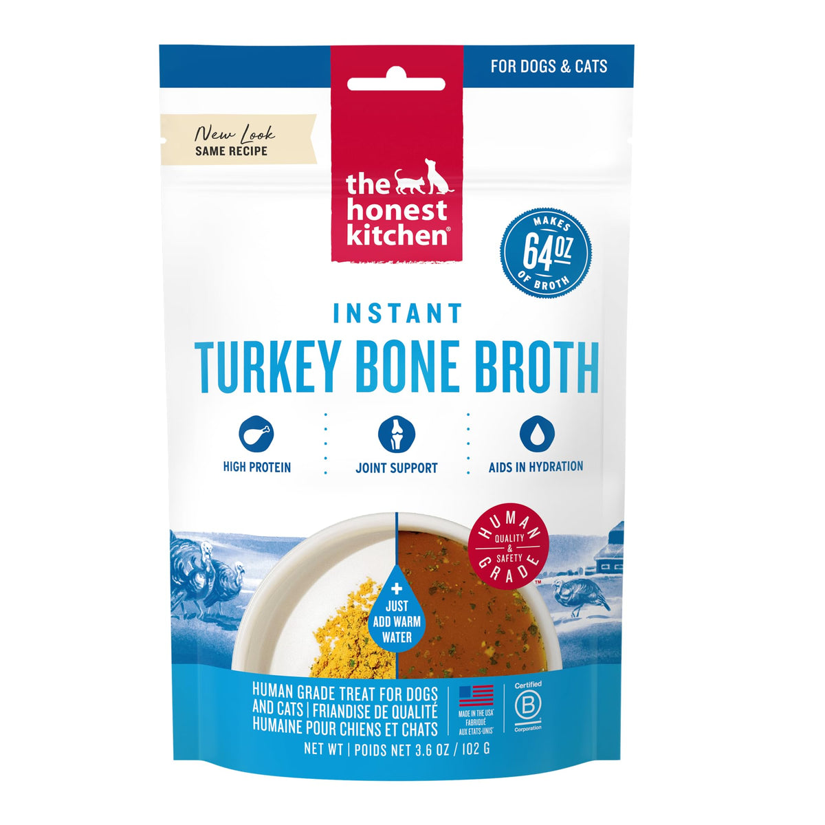 The Honest Kitchen bouillon dinde instantané, versé hors de la bouteille pour démarrer le repas
