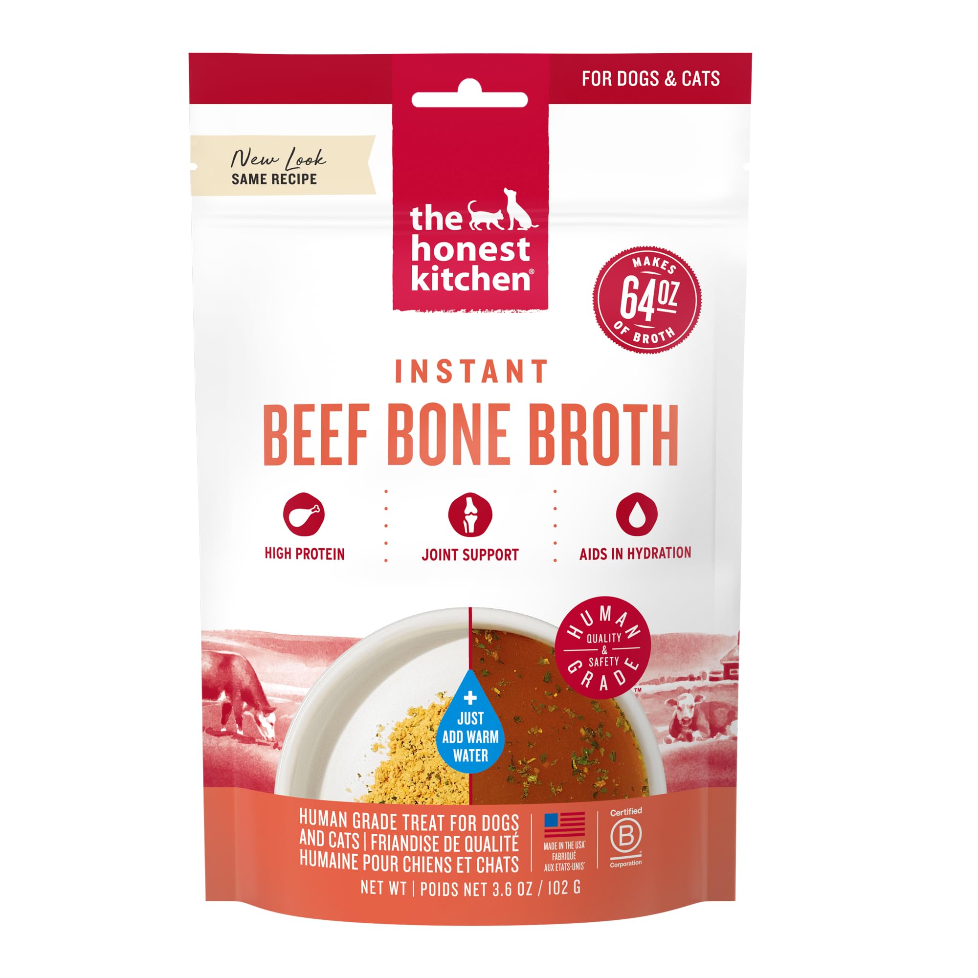 Bouillon The Honest Kitchen en poudre prêt rapidement à utiliser dans la gamelle du chien.