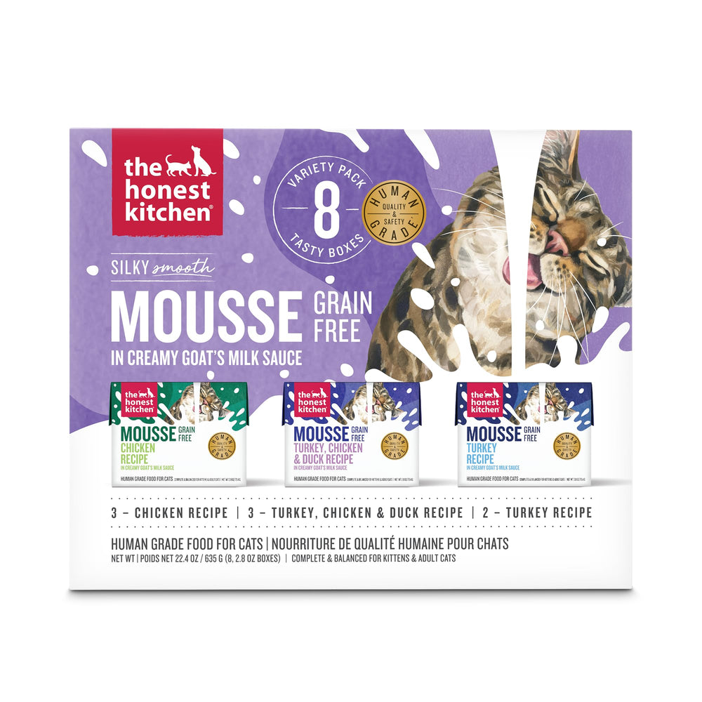 The Honest Kitchen mousse au lait de chèvre, pack de 8 en panoramique, pratique et prêt à servir.