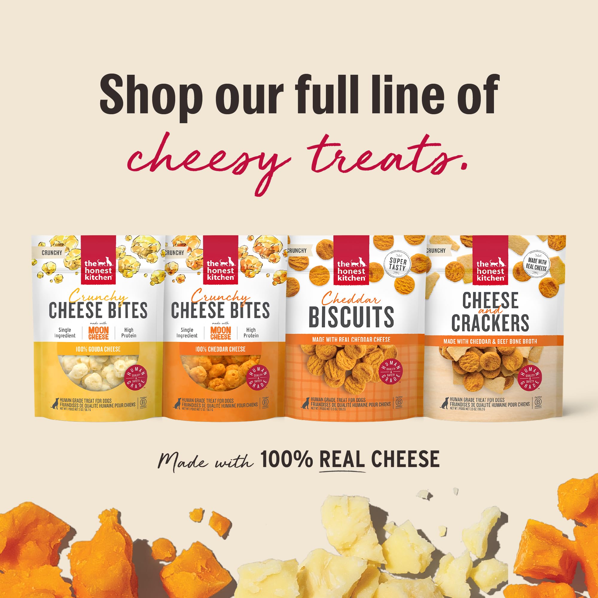 The Honest Kitchen Gouda bouchées – ingrédients simples, sans additifs artificiels.