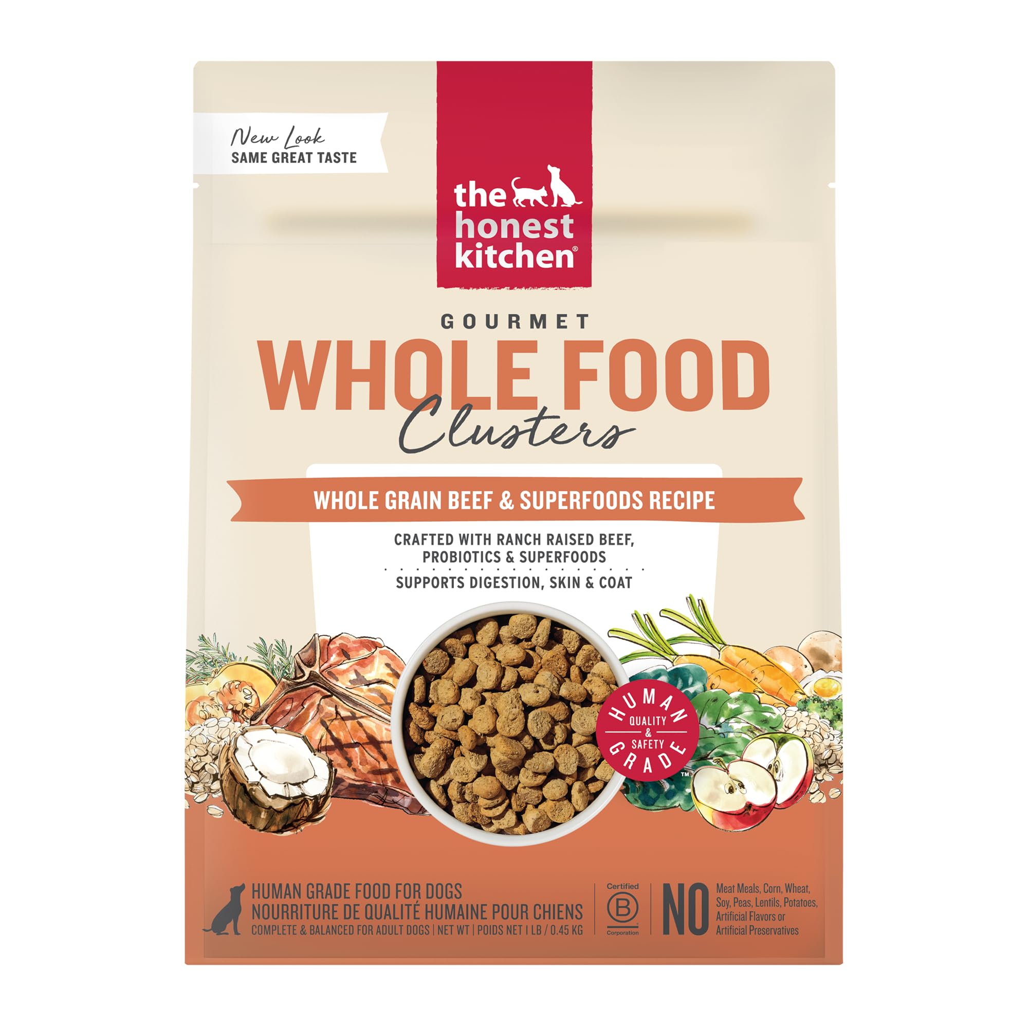 The Honest Kitchen Clusters boeuf et avoine — sac, repas pratique et nutritif.