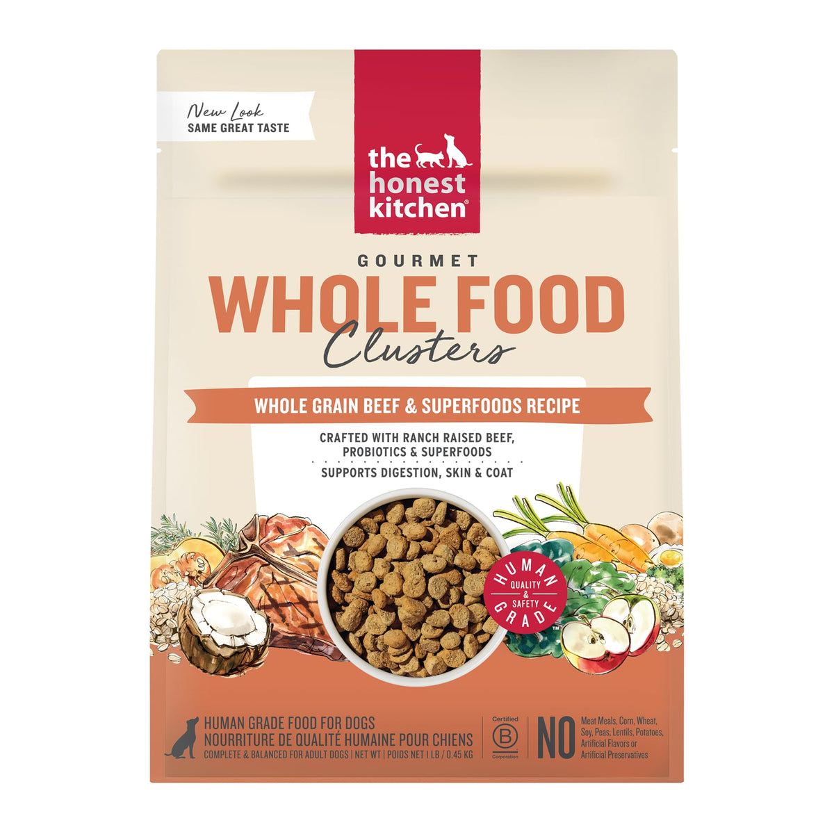 The Honest Kitchen Clusters boeuf et avoine — sac, repas pratique et nutritif.