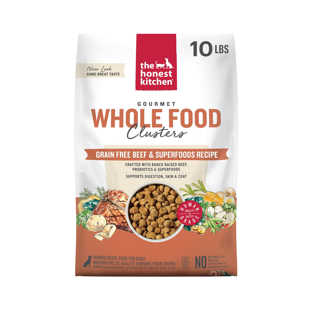 The Honest Kitchen Clusters bœuf Qualité Humaine – emballage clair, repas complet pour chien.
