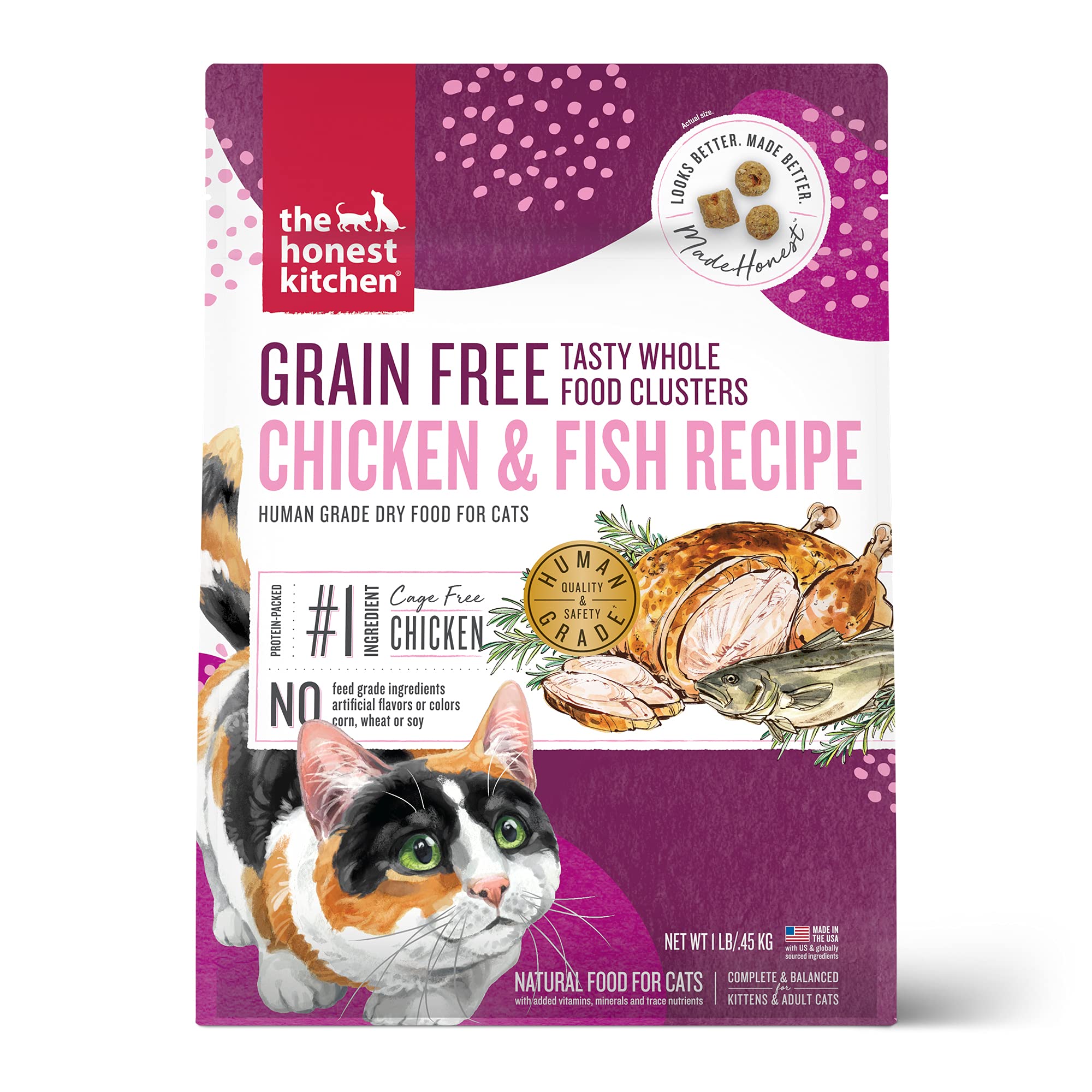 The Honest Kitchen Clusters chat poulet-poisson, sachet essai, nutrition complète et digestible.