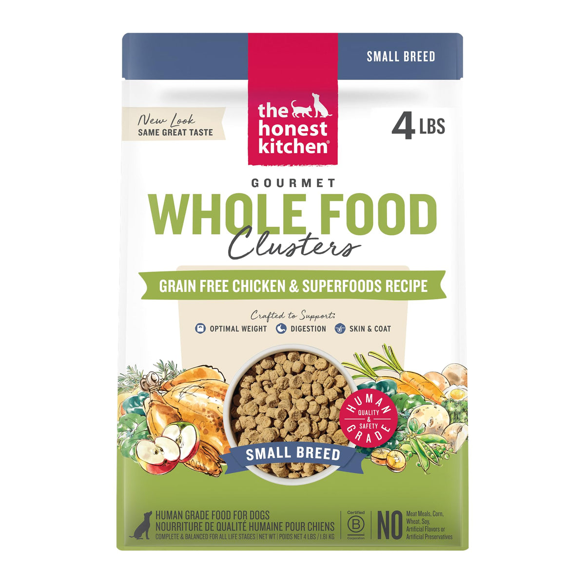 The Honest Kitchen Clusters petite-race poulet sans cereales — nutrition adaptée pour petits chiens.