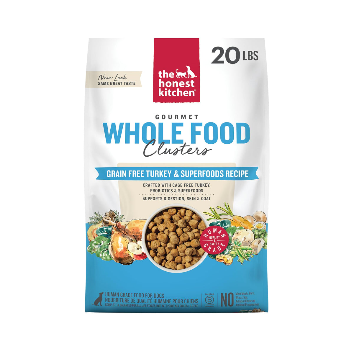 The Honest Kitchen croquettes sans céréales en sachet de 20 livres pour chien.