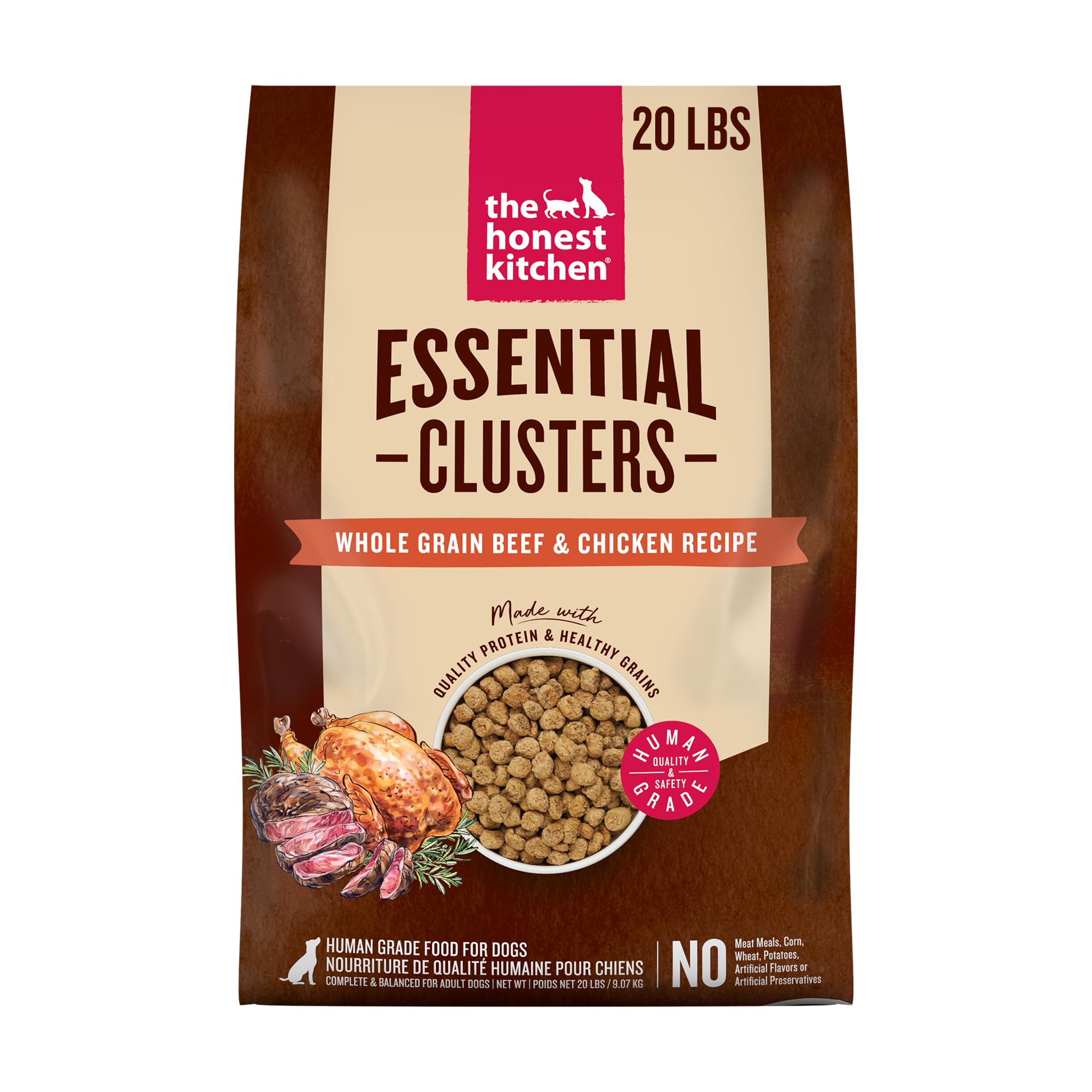 The Honest Kitchen Essential Clusters, sac 20 lb, nutrition complète pour chiens adultes.
