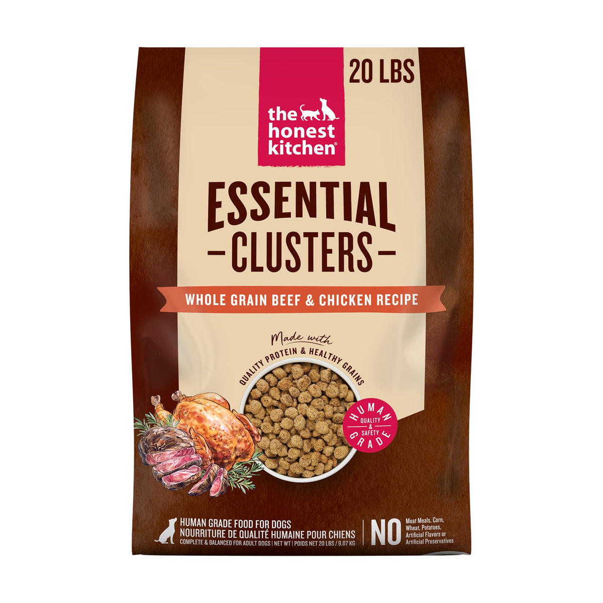 The Honest Kitchen Essential Clusters, sac 20 lb, nutrition complète pour chiens adultes.