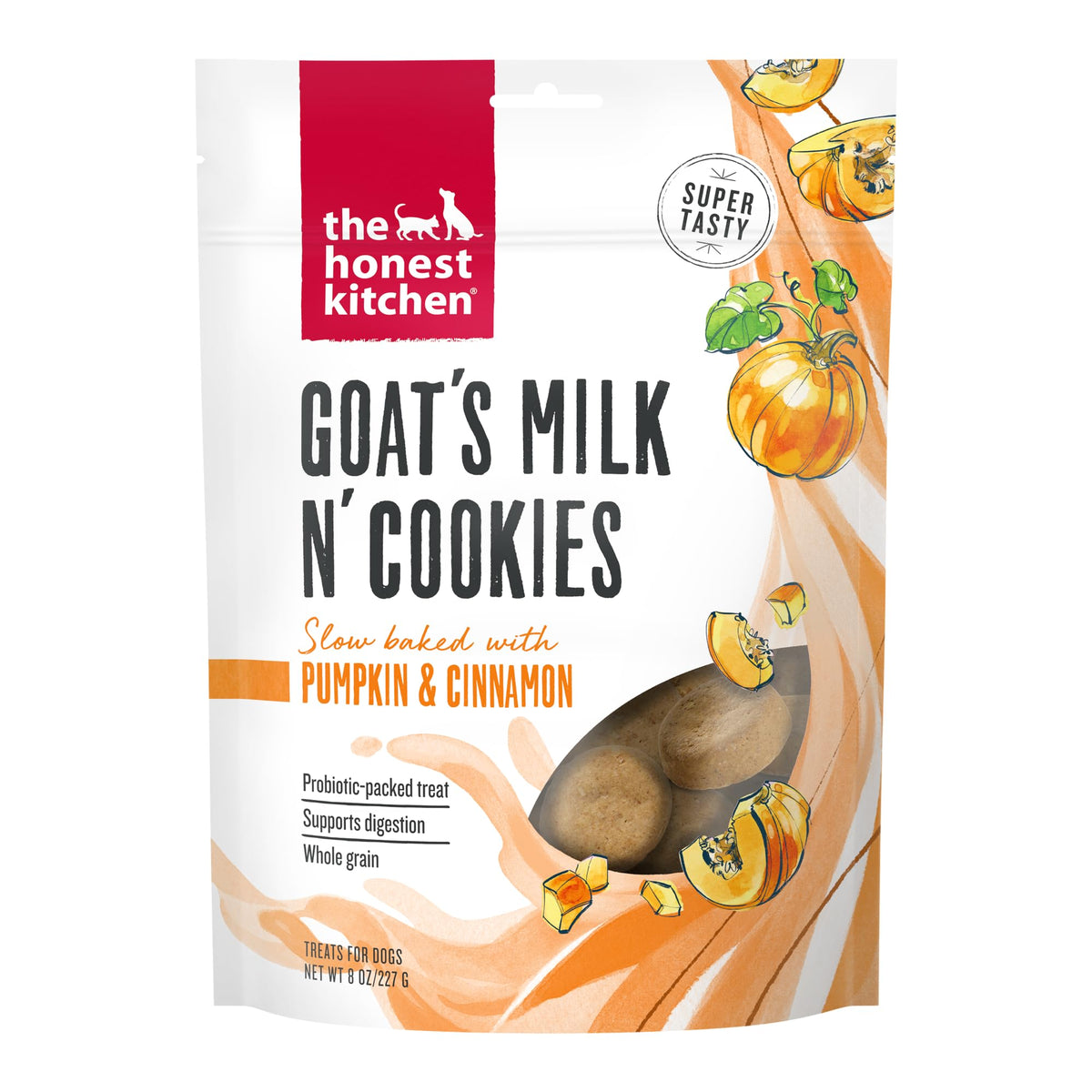 The Honest Kitchen Goat’s Milk N’ Cookies, emballage frontal, friandise saine pour chiens.
