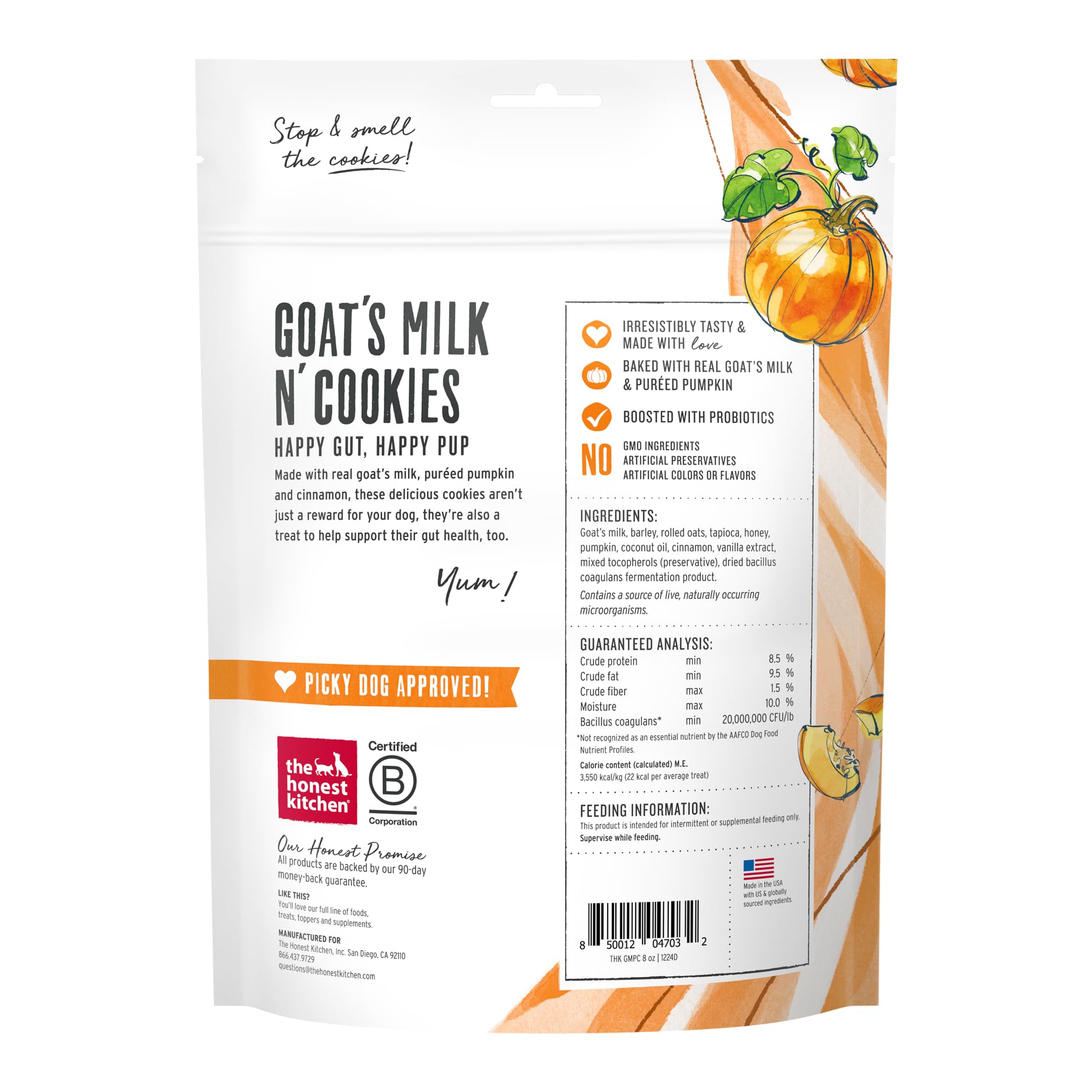 The Honest Kitchen Goat’s Milk N’ Cookies, close-up des ingrédients: lait de chèvre et probiotiques.