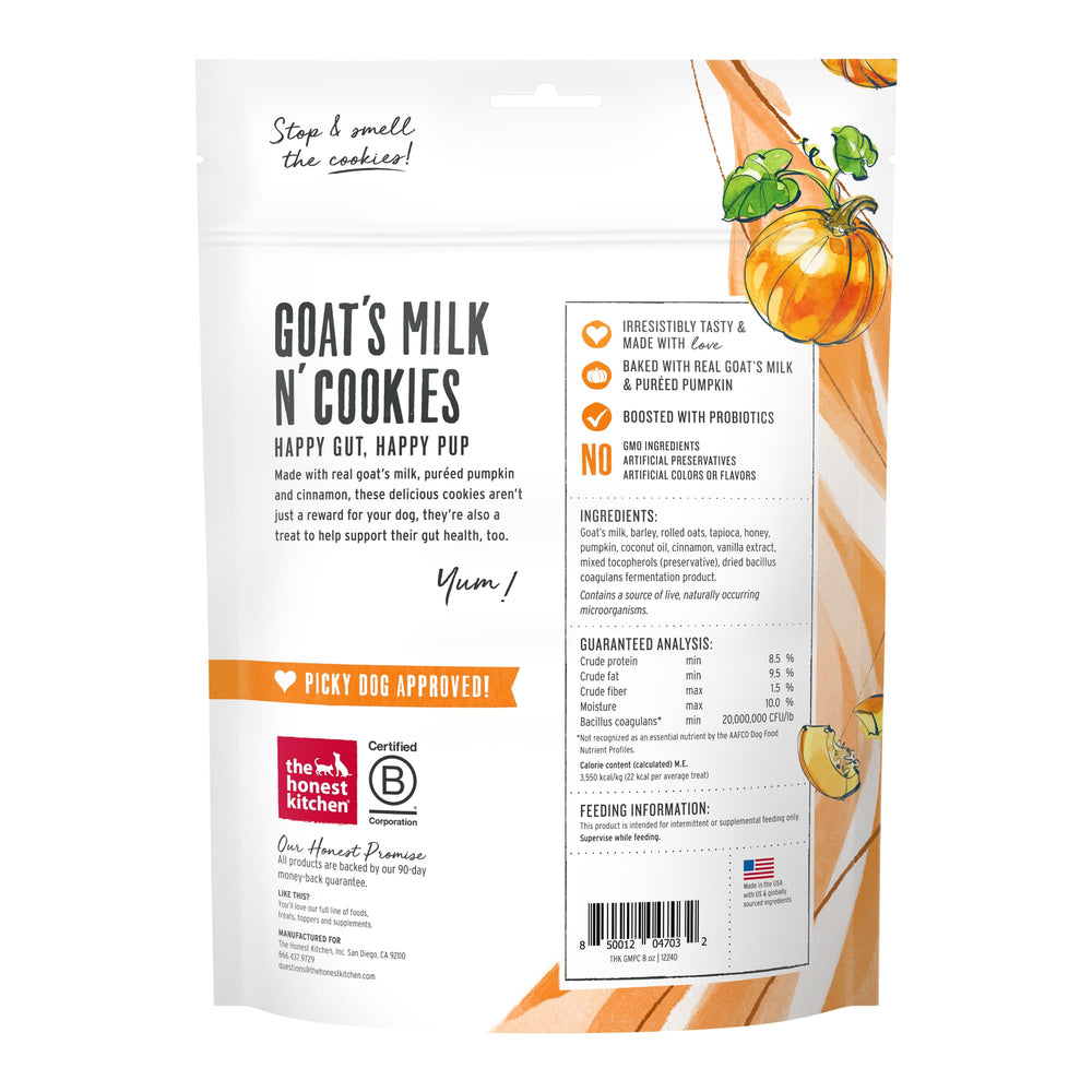 The Honest Kitchen Goat’s Milk N’ Cookies, close-up des ingrédients: lait de chèvre et probiotiques.