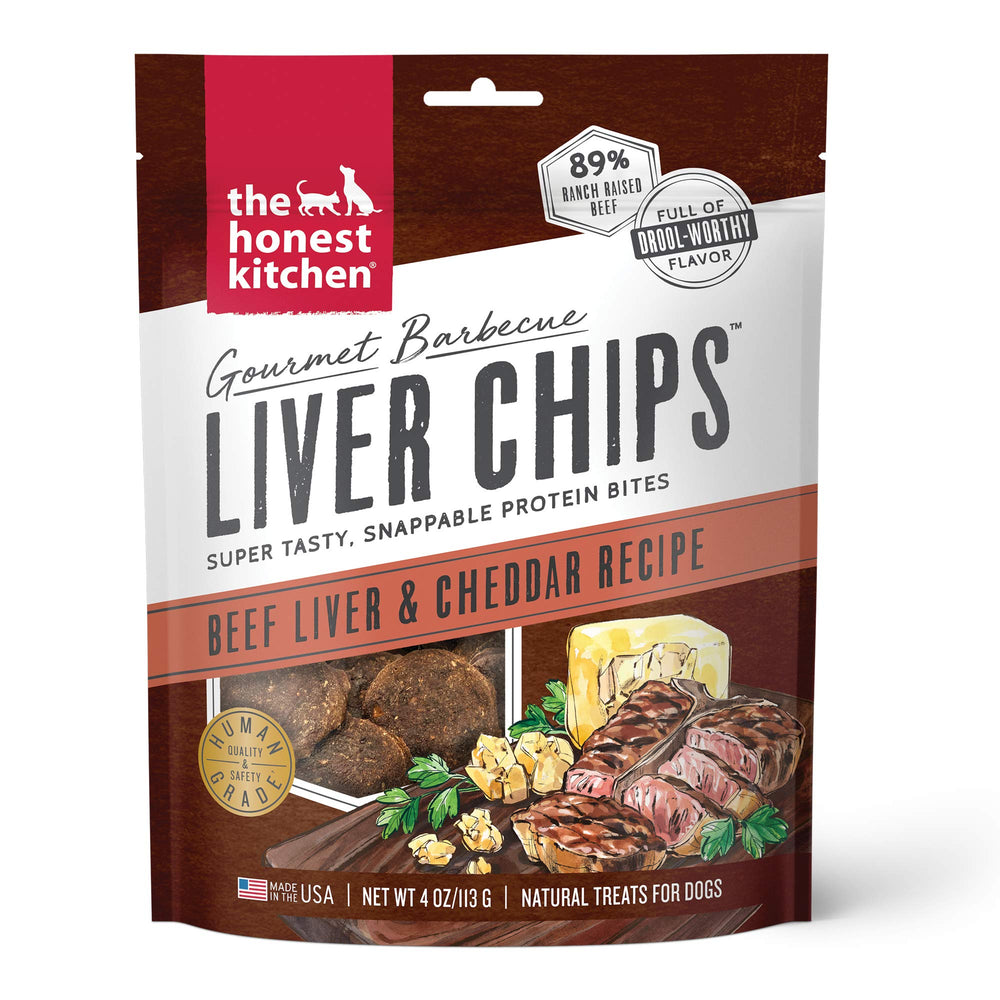 The Honest Kitchen Gourmet Barbecue Liver Chips bag shows beef liver and cheddar, high-protein dog snack.