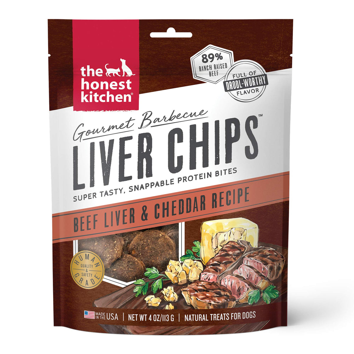 The Honest Kitchen Gourmet Barbecue Liver Chips bag shows beef liver and cheddar, high-protein dog snack.
