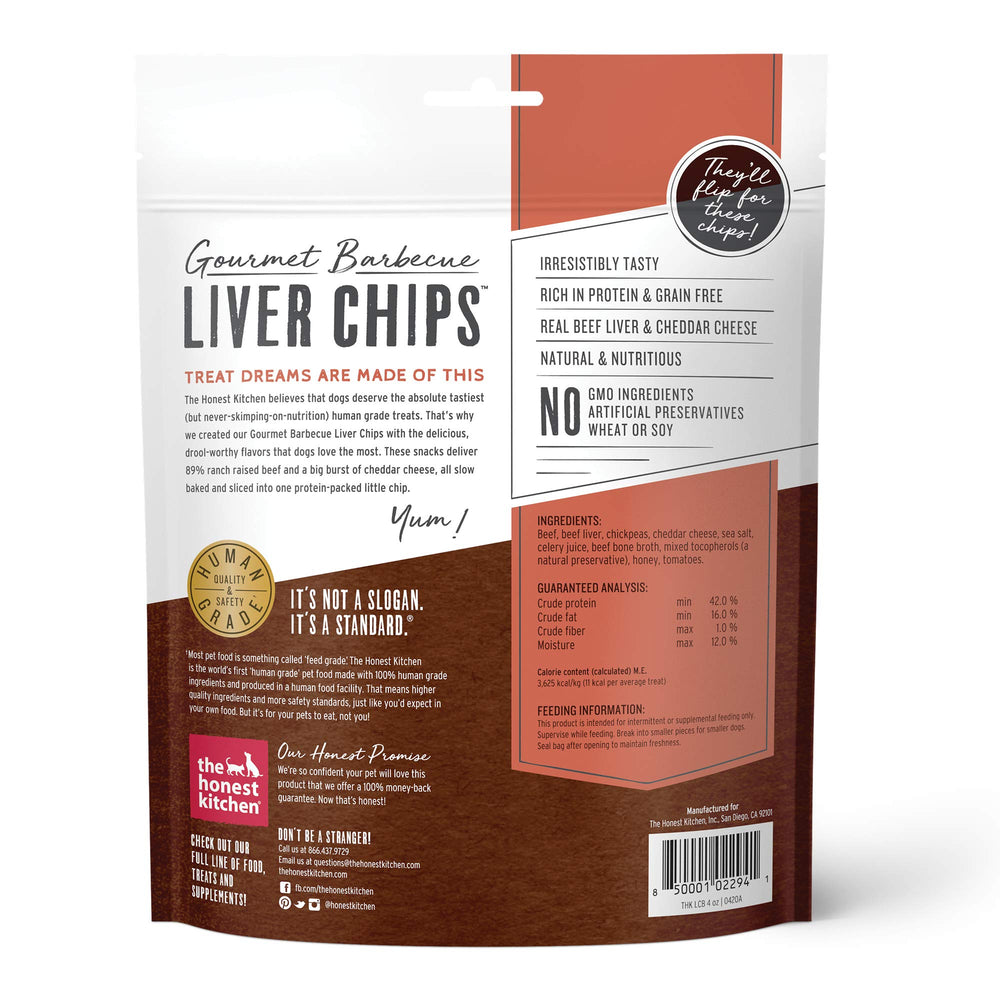 Close-up texture of The Honest Kitchen liver chips highlights slow-baked crunch.