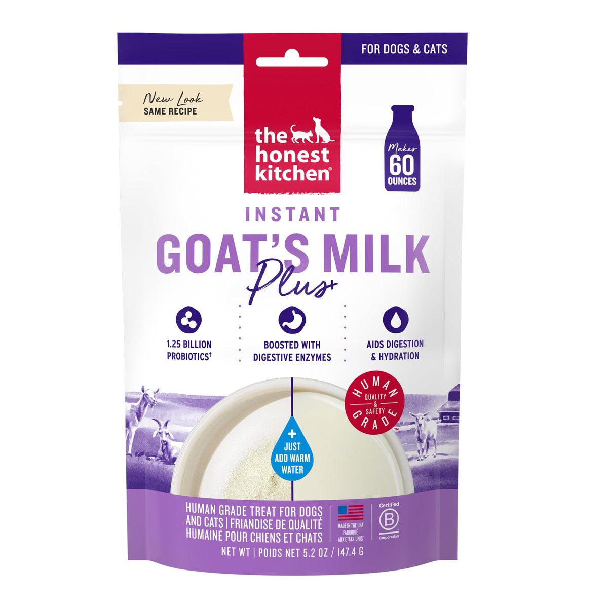 The Honest Kitchen Lait de chèvre en poudre avec probiotiques pour soutien digestif.