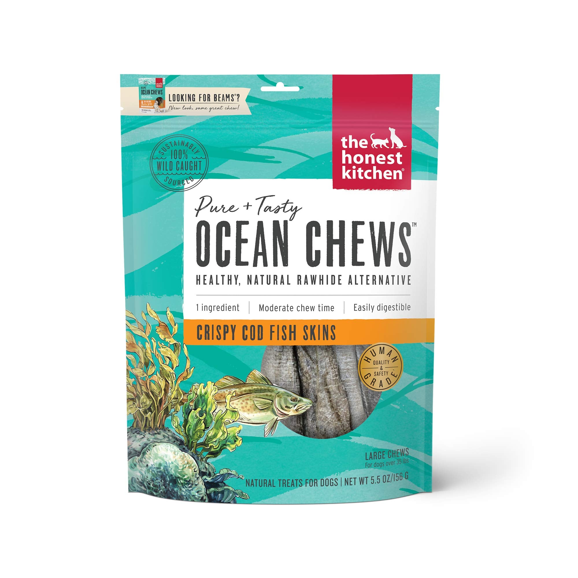 The Honest Kitchen Ocean Chews, gros plan sur peaux de cod croquantes, friandise protéinée