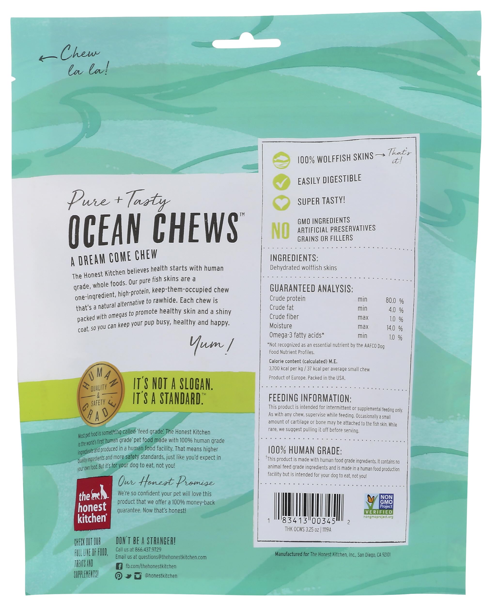 The Honest Kitchen Ocean Chews – ingrédients simples, soutien peau et pelage.