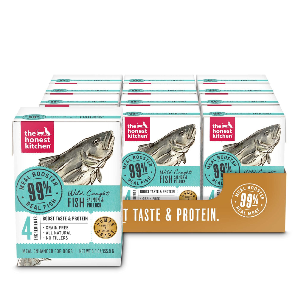 The Honest Kitchen Booster repas saumon-colin dans emballage, présence protéine élevée.