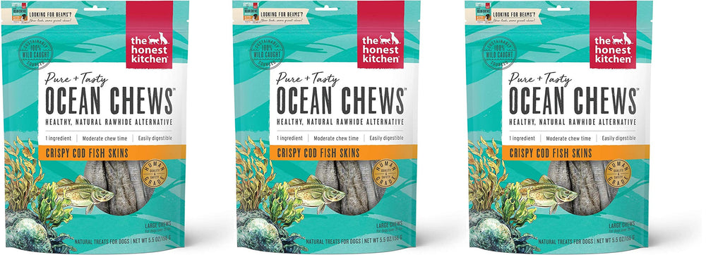 The Honest Kitchen emballage peaux de morue océan, friandise simple et naturelle pour chien.