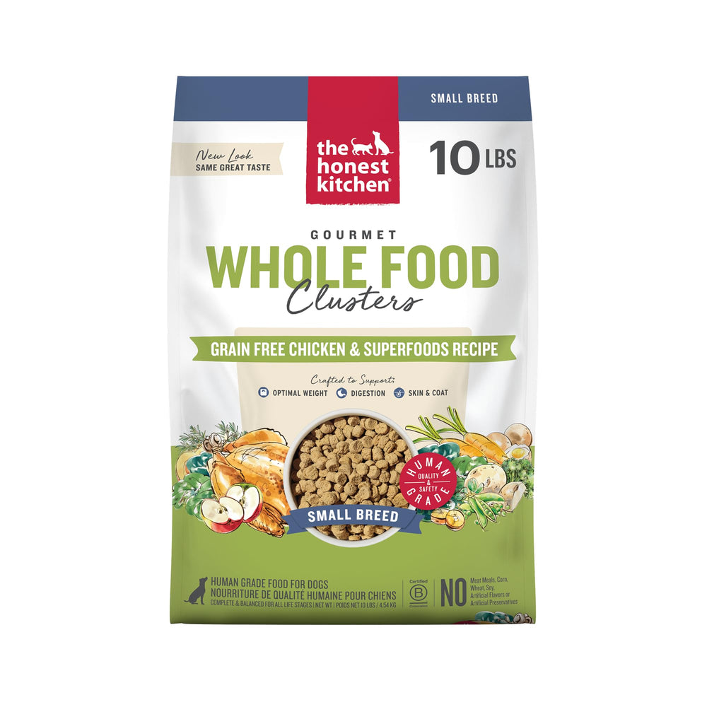 The Honest Kitchen petit breed clusters poulet, bouchées adaptées aux petites races pour plus de facilité.