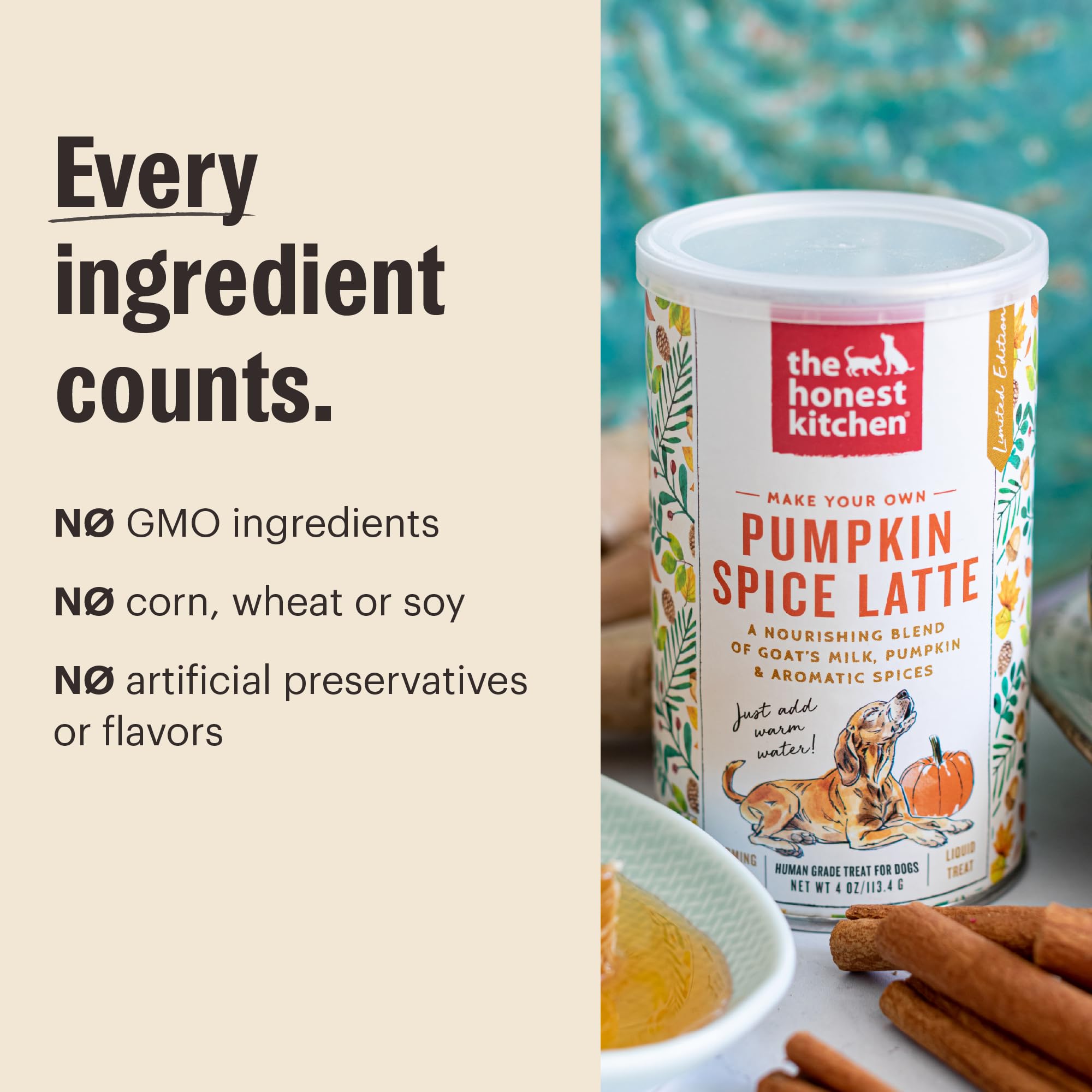The Honest Kitchen Pumpkin Spice Latte pour chien, hydratation facile et enrichissement lors des jeux.