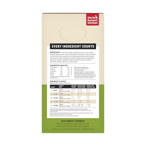 The Honest Kitchen Wholemade montrant ingrédients poulet libre, avoine et carottes pour dog meals.