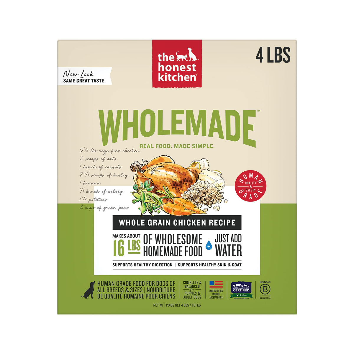 The Honest Kitchen Wholemade avec poulet élevé en liberté et ingrédients entiers visibles, option repas maison.