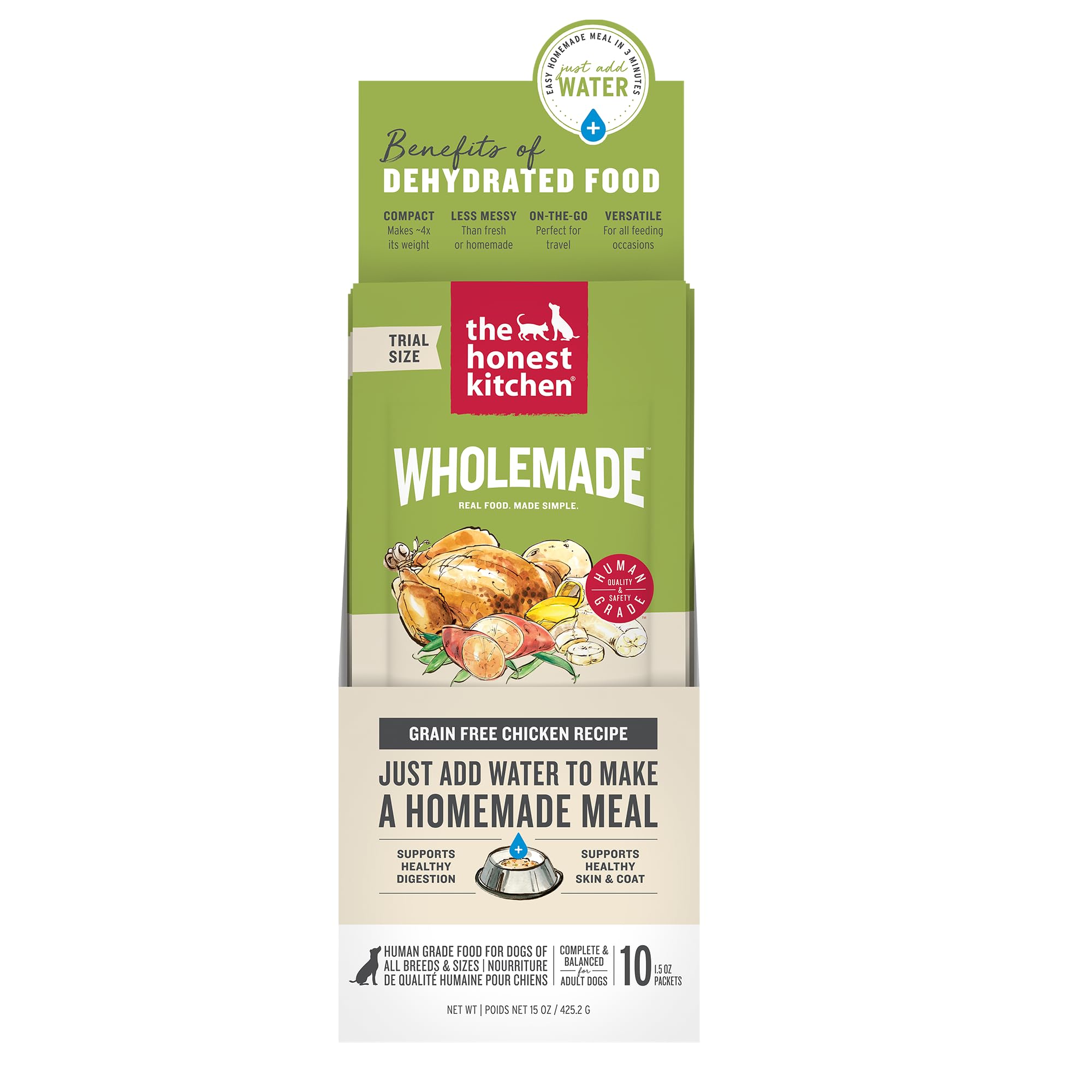 The Honest Kitchen WholeMade poulet sans cereales, emballage pratique prêt à hydrater rapidement.