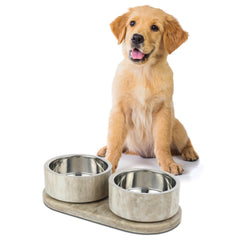 Bol double THE LICKER STORE en marbre gris et brun, idéal pour des repas propres.