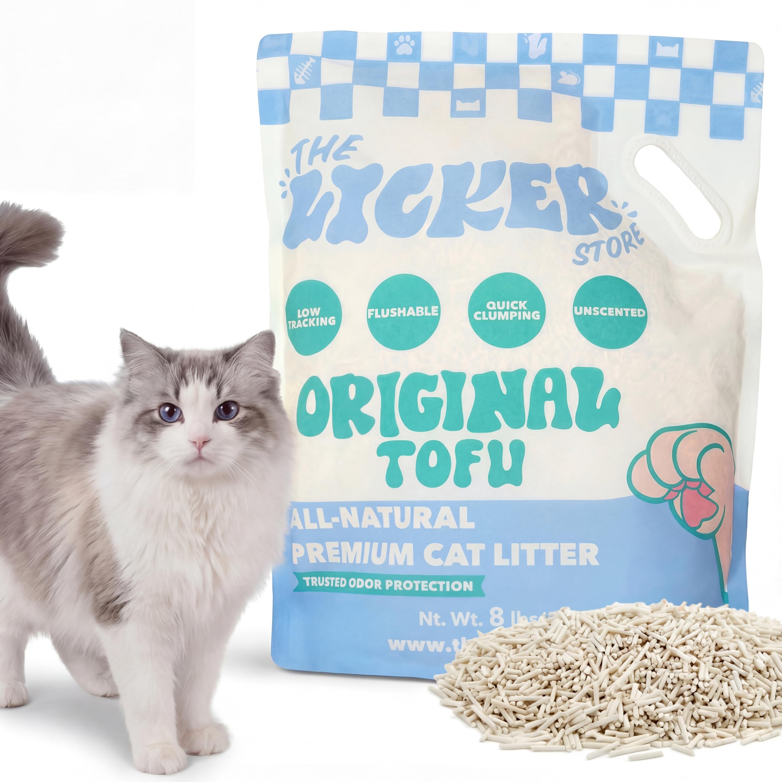 The Licker Store litière au tofu absorbante, nettoyage rapide et efficace.