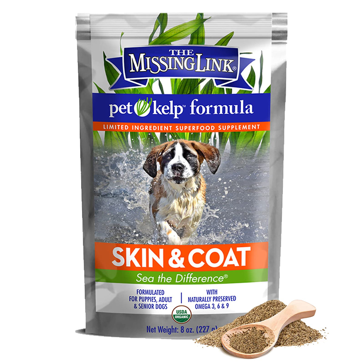 The Missing Link Poudre Kelp Chien – flacon, soutien potentiel pour peau saine et pelage brillant.