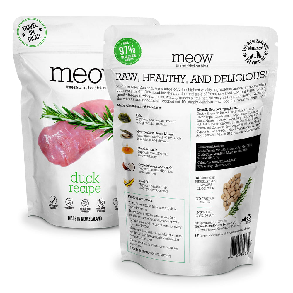 The New Zealand Natural Pet Food Co Meow Duck – repas complet idéal topper ou mixeur pour chats.