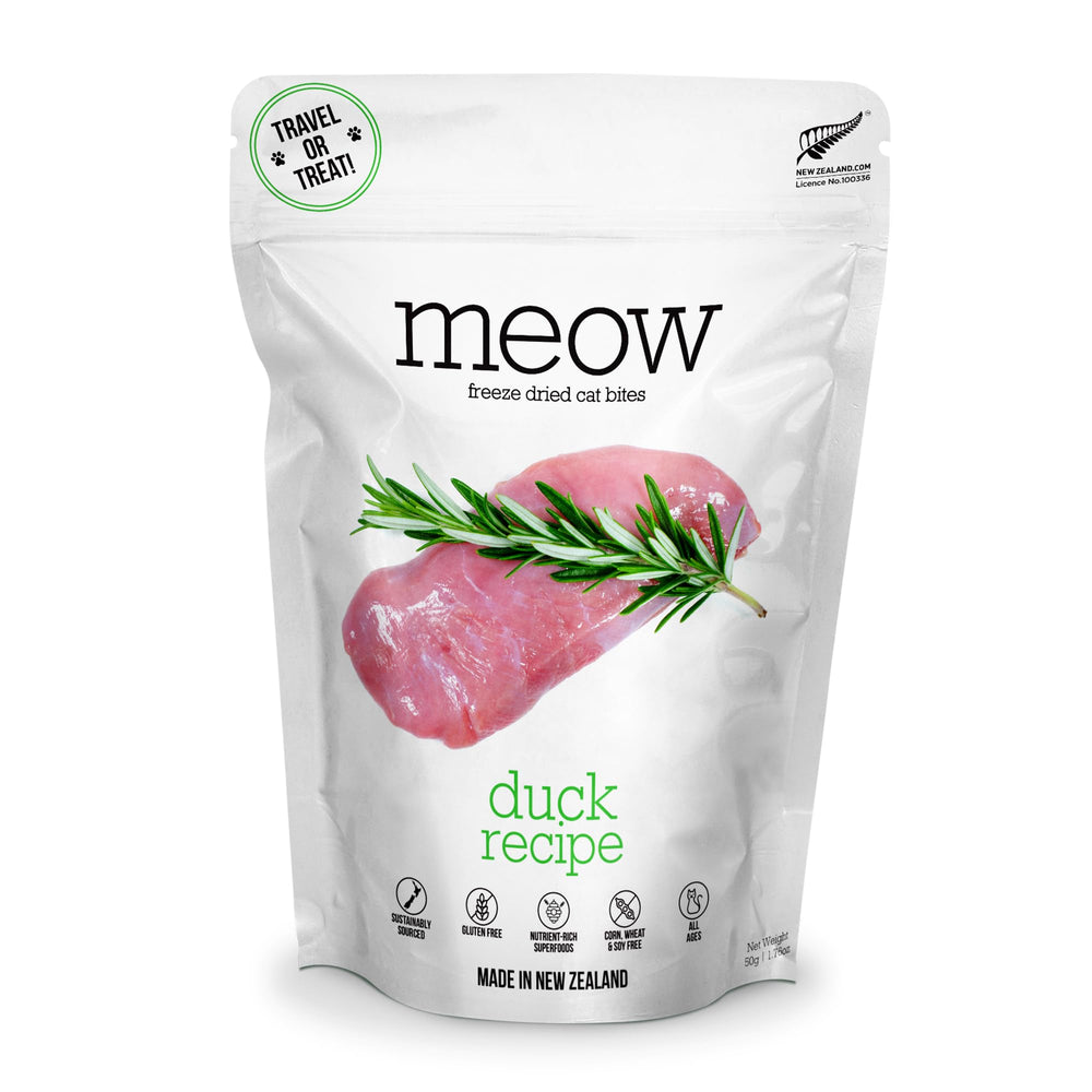 The New Zealand Natural Pet Food Co Meow Duck – séchage au froid préservant les protéines pour chats.