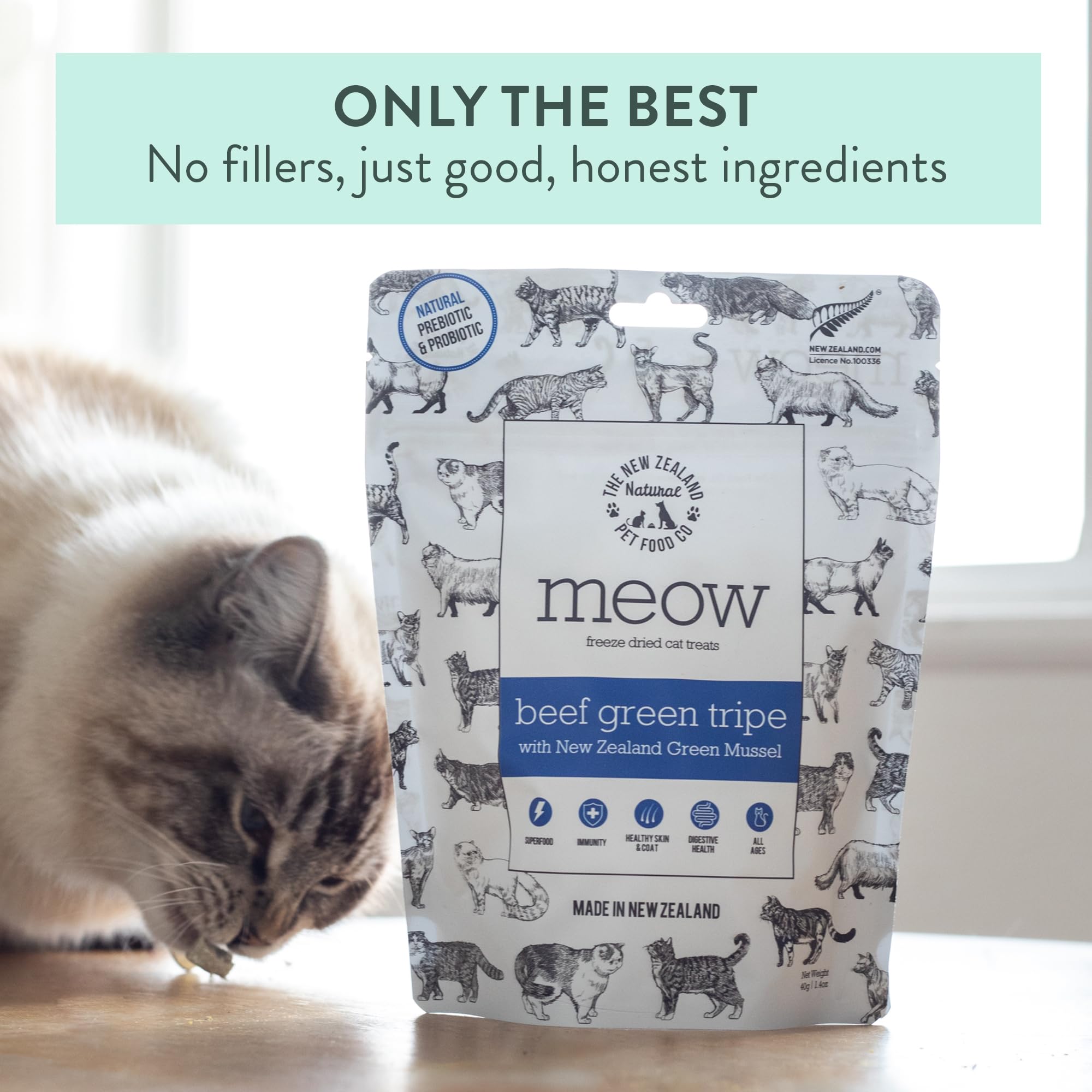 MEOW The New Zealand Natural Pet Food Co : enzymes probiotics et prebiotiques naturels pour digestion potentielle.