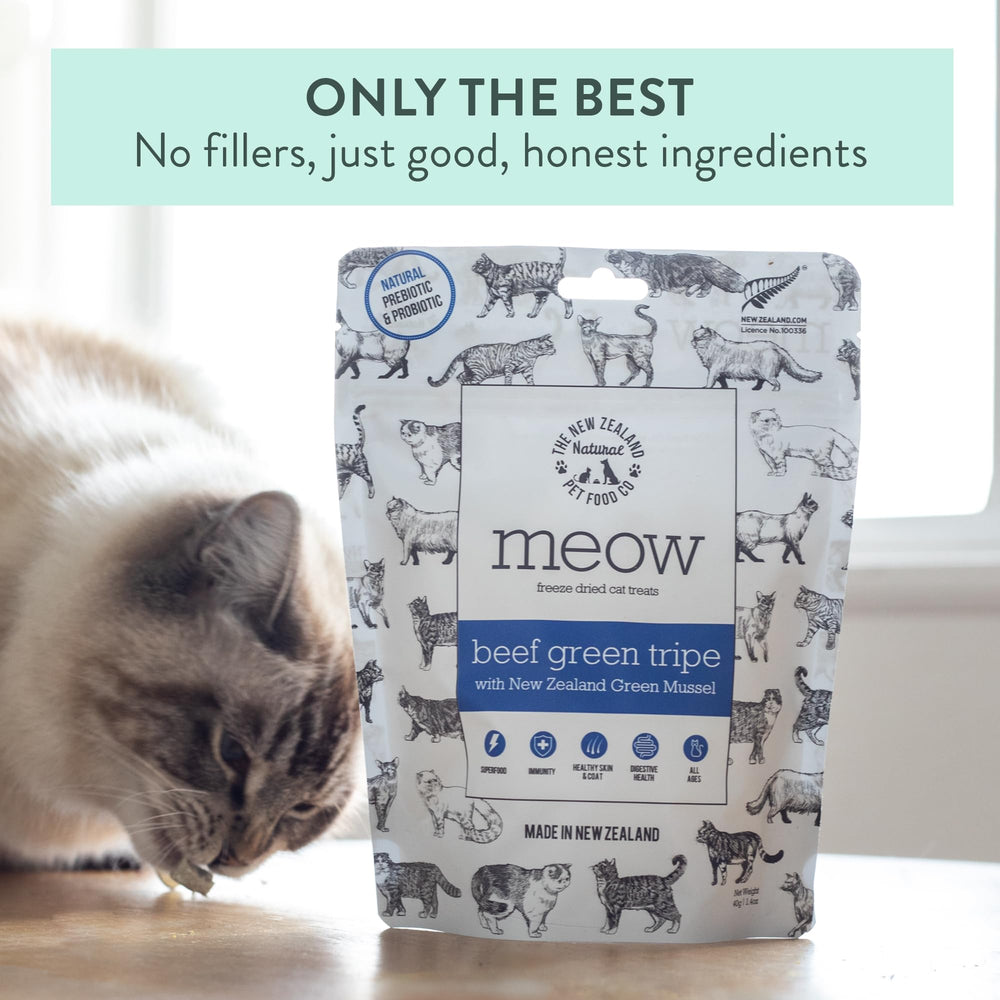 MEOW The New Zealand Natural Pet Food Co : enzymes probiotics et prebiotiques naturels pour digestion potentielle.