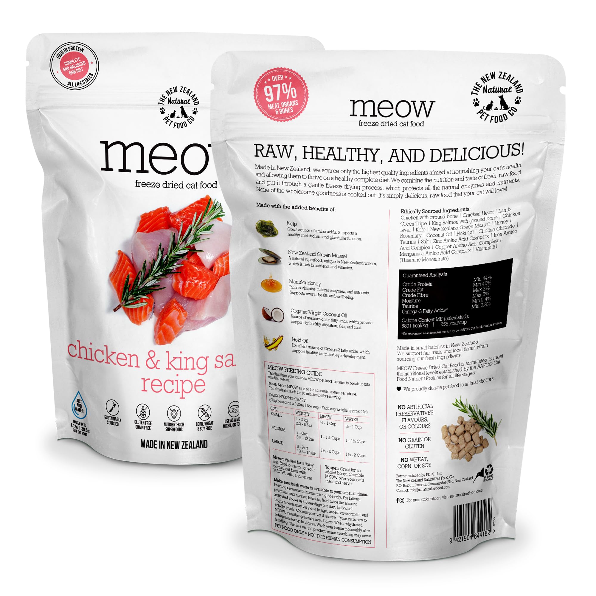 The New Zealand Natural Pet Food Co. Meow Freeze Dried – toppers protéinés pour repas équilibré.