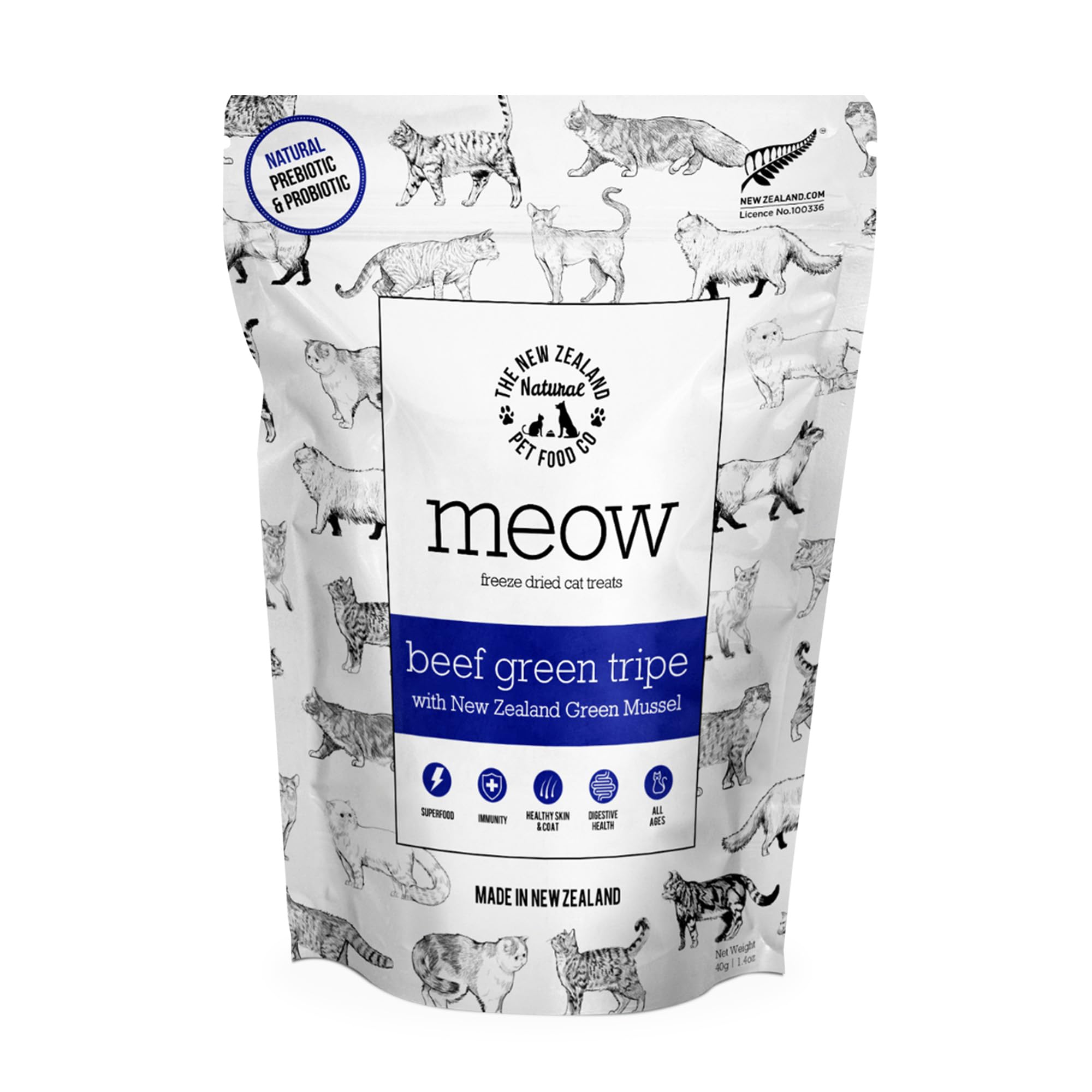 MEOW The New Zealand Natural Pet Food Co : friandise freeze-dried boeuf et tripe, récompense d entraînement.