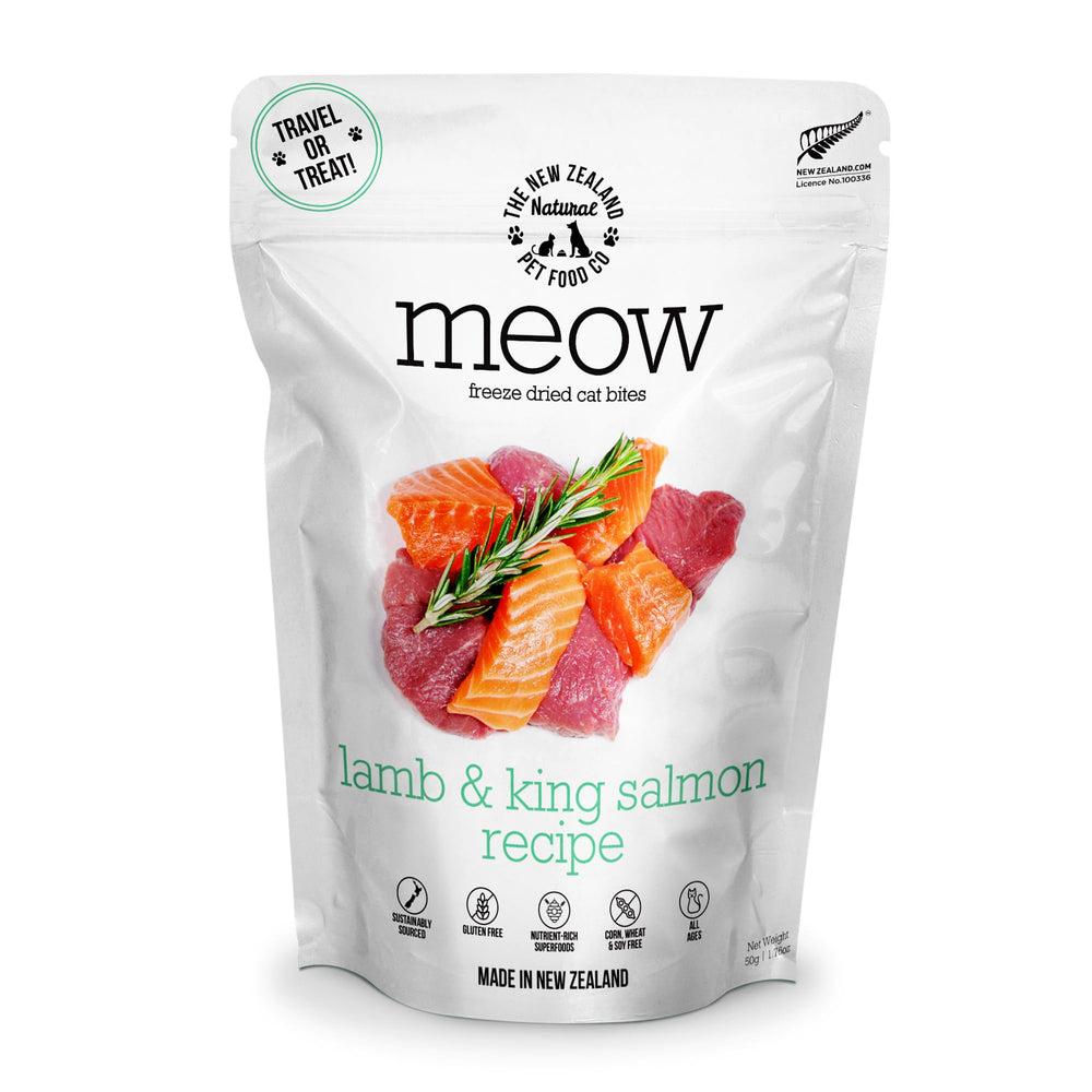 The New Zealand Natural Pet Food Co Meow - sachet lyophilise agneau-saumon pour repas équilibré.