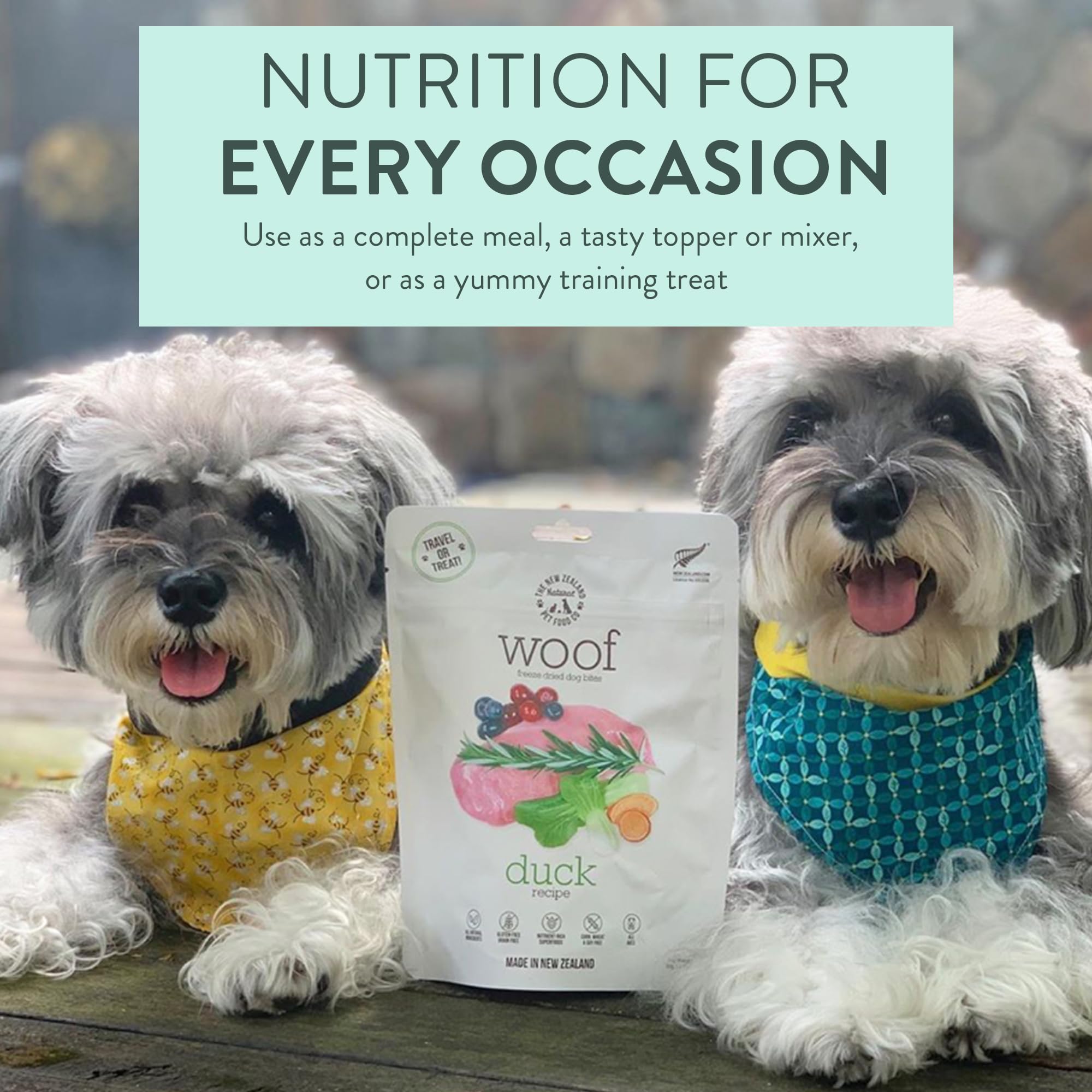 The New Zealand Natural Pet Food Co. Woof Freeze Dried Duck — ingrédients naturels et superaliments inclus.