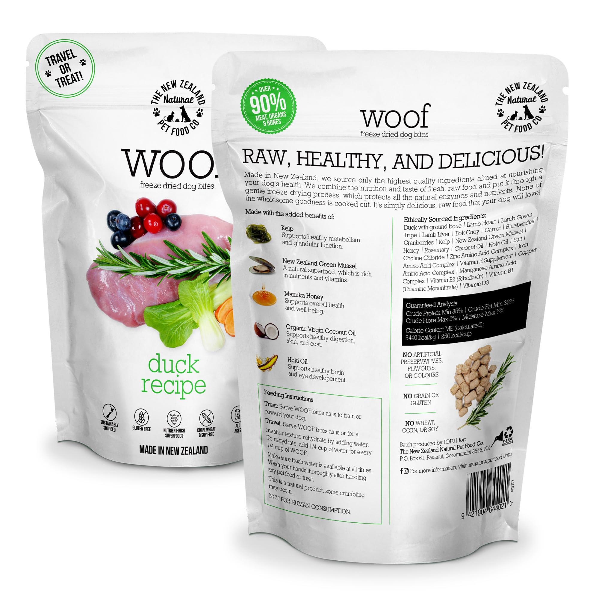 Woof Freeze Dried Duck offre une teneur élevée en protéines pour soutenir l'énergie du chien.