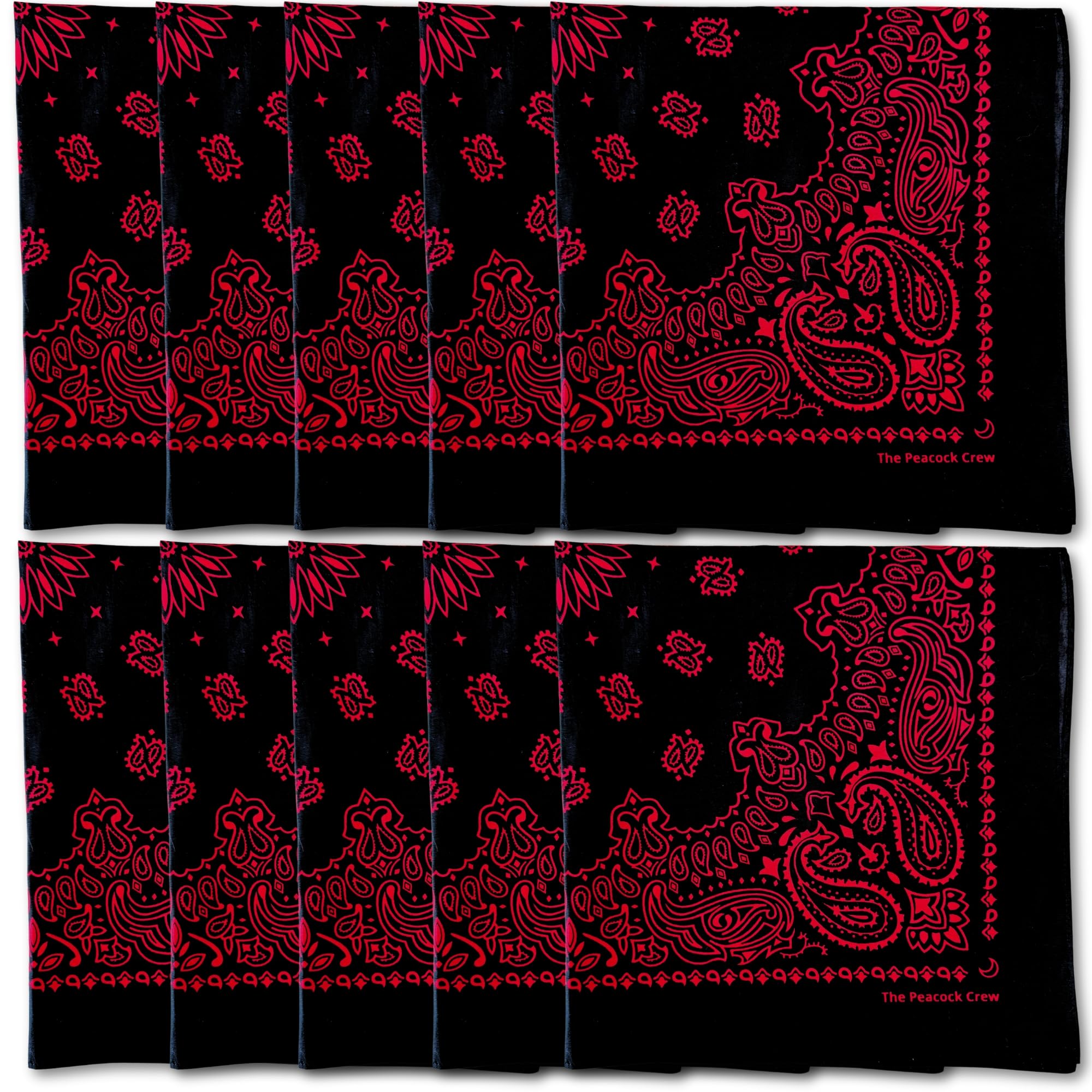 Bandanas noir et rouge The Peacock Crew – ensemble prêt pour un événement d'équipe.