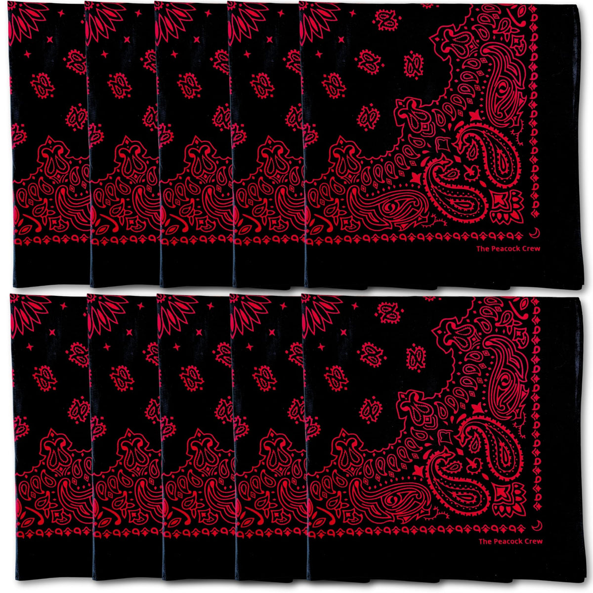 Bandanas noir et rouge The Peacock Crew – ensemble prêt pour un événement d'équipe.