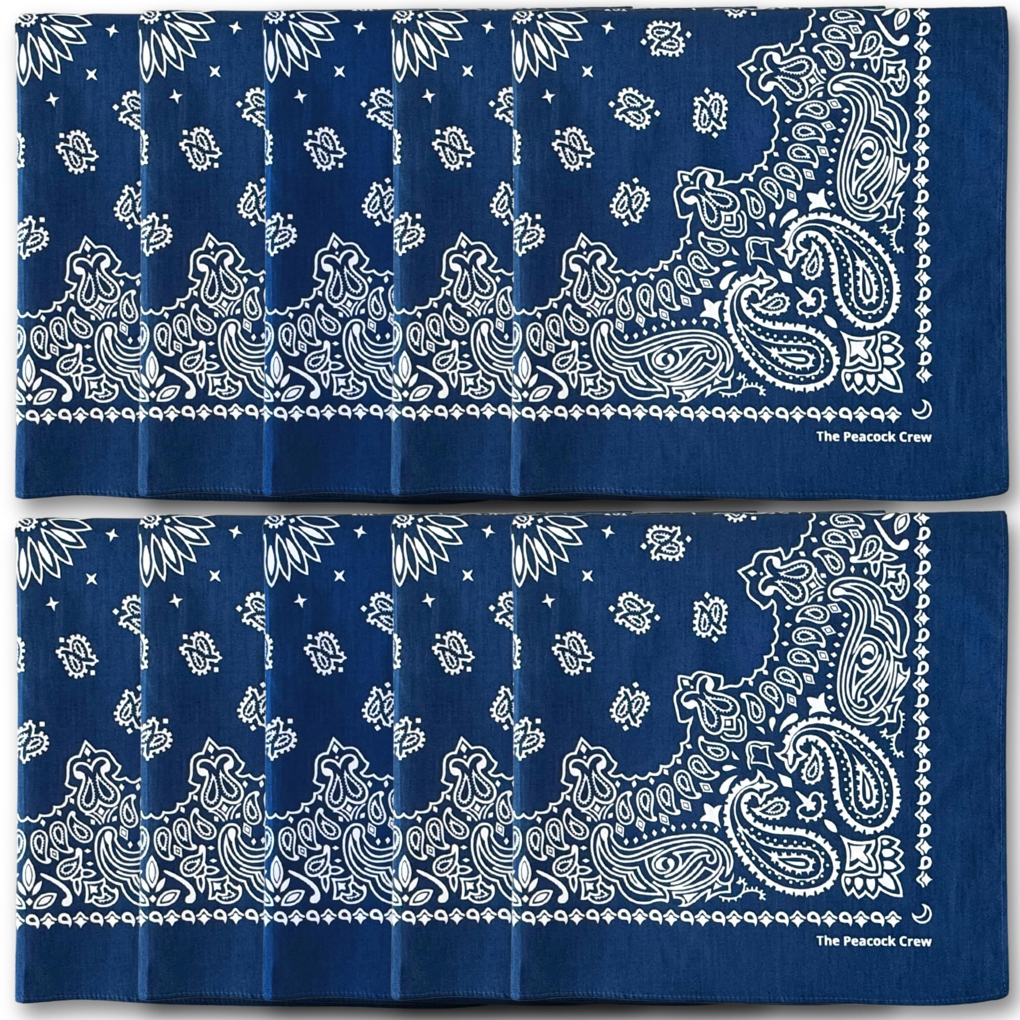 The Peacock Crew dix bandanas bleu marine en coton premium, parfaits pour la famille.