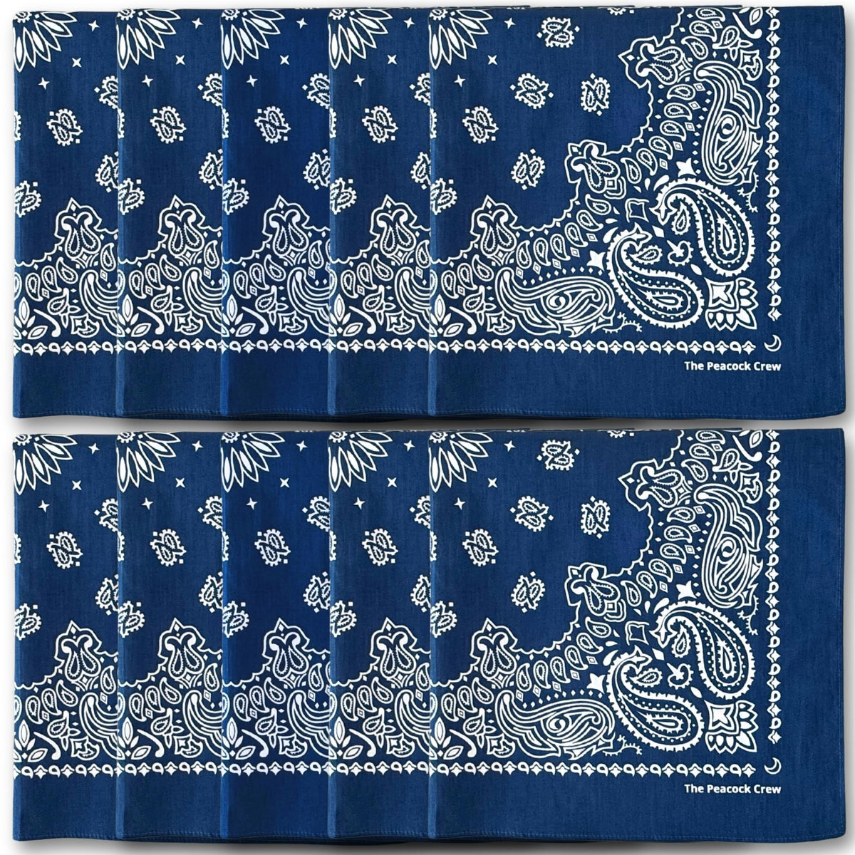 The Peacock Crew dix bandanas bleu marine en coton premium, parfaits pour la famille.