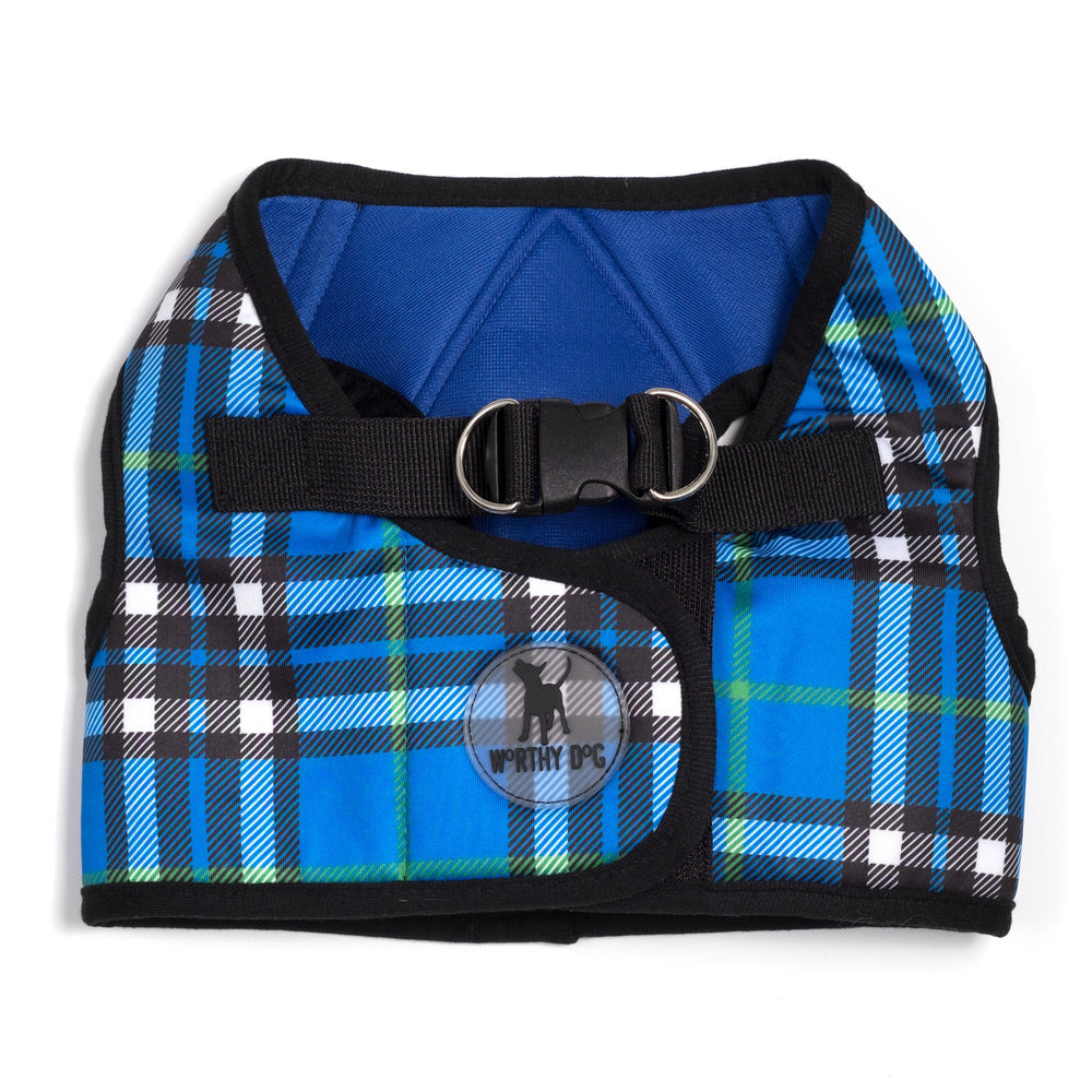 The Worthy Dog harnais step-in bleu plaid, facile à enfiler pour grands chiens.