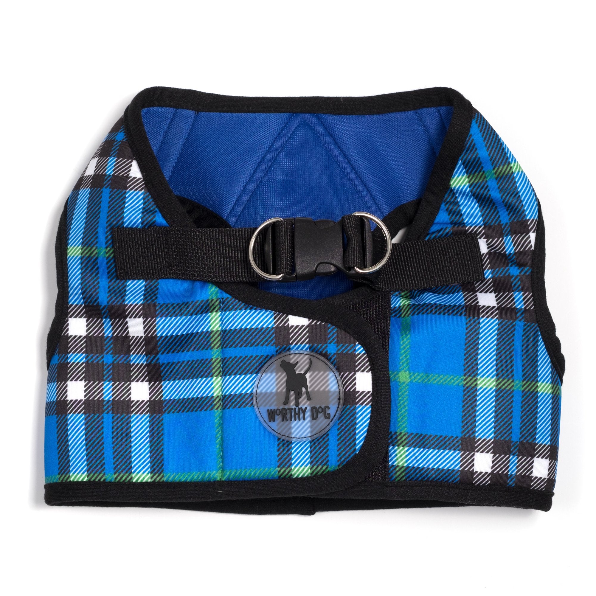 The Worthy Dog harnais step-in bleu plaid, facile à enfiler pour chien moyen
