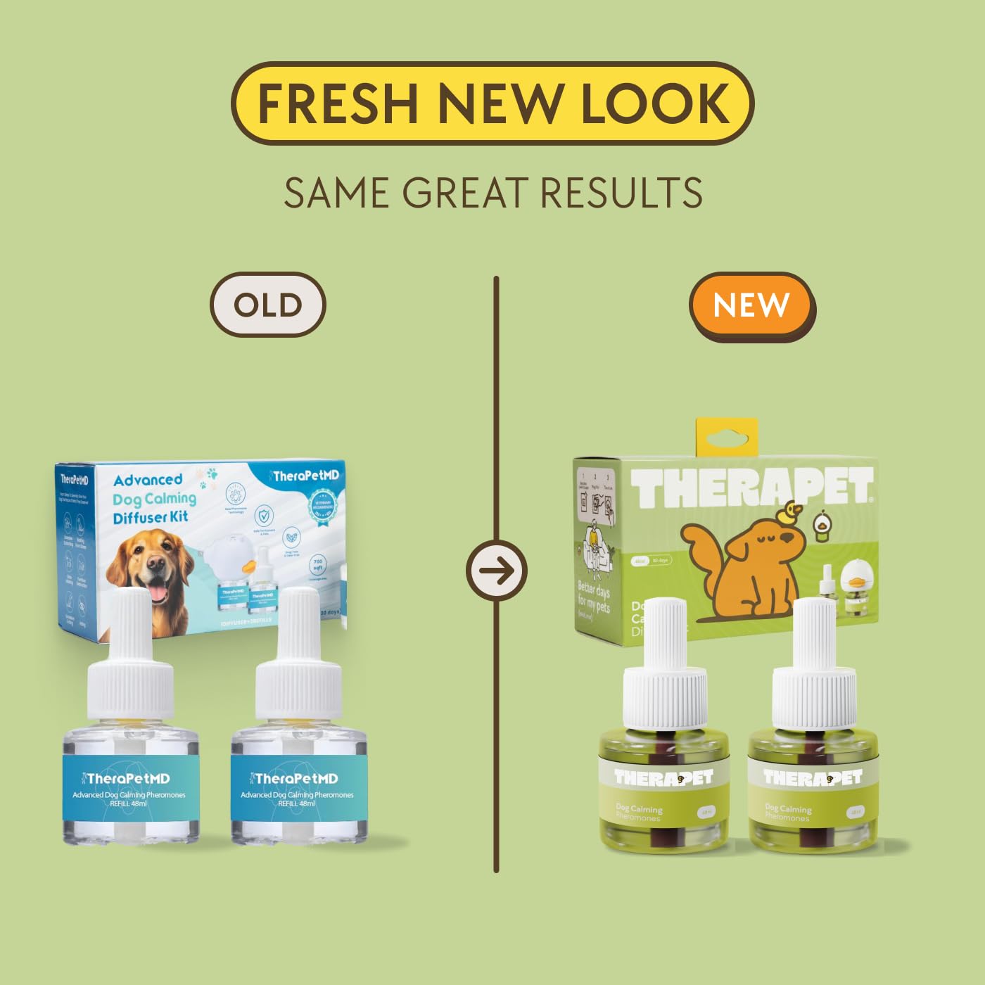 Deux recharges TheraPetMD pour diffuseur chien, calme continu.
