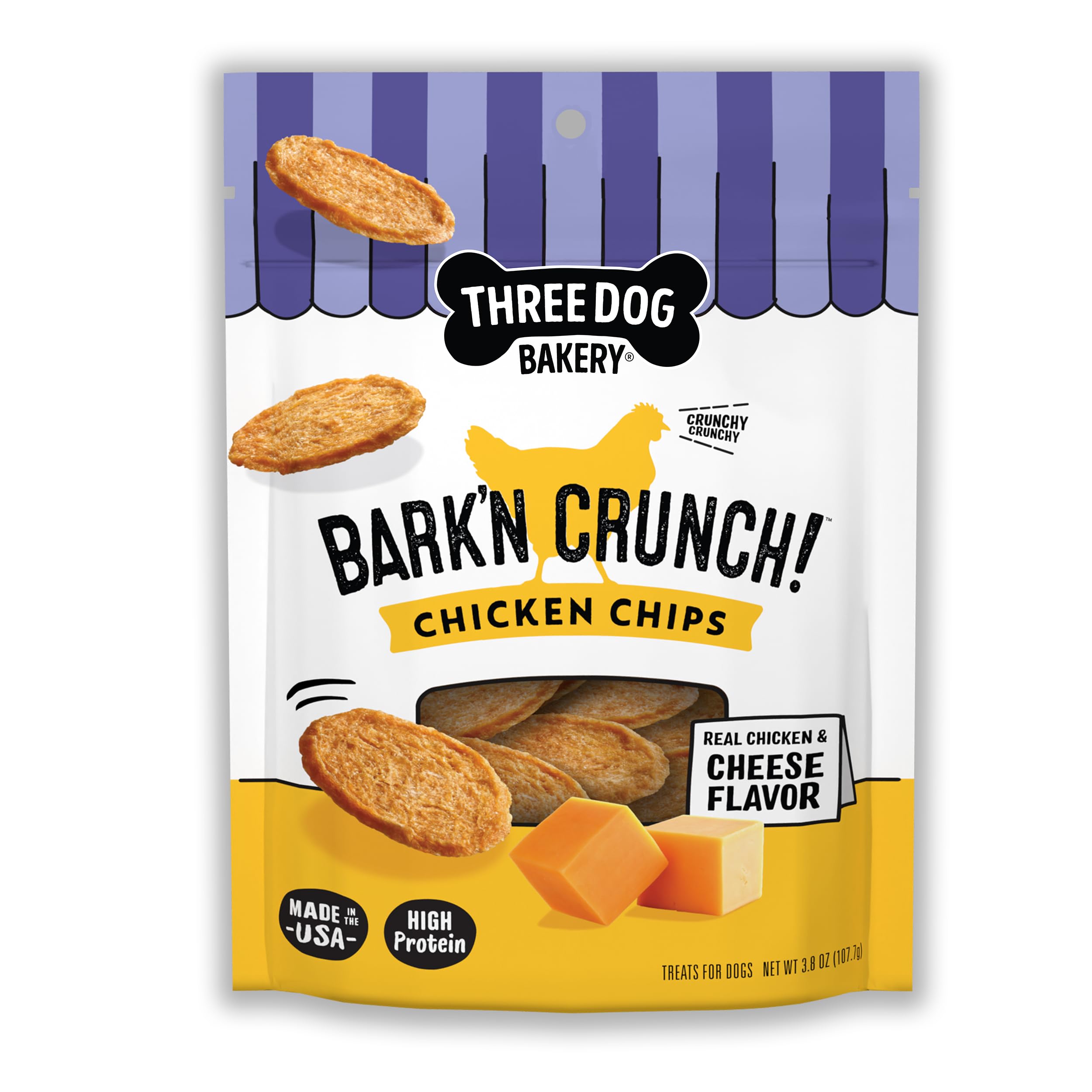 Three Dog Bakery Bark'N Crunch emballage poulet-fromage, croquant prêt à partager.