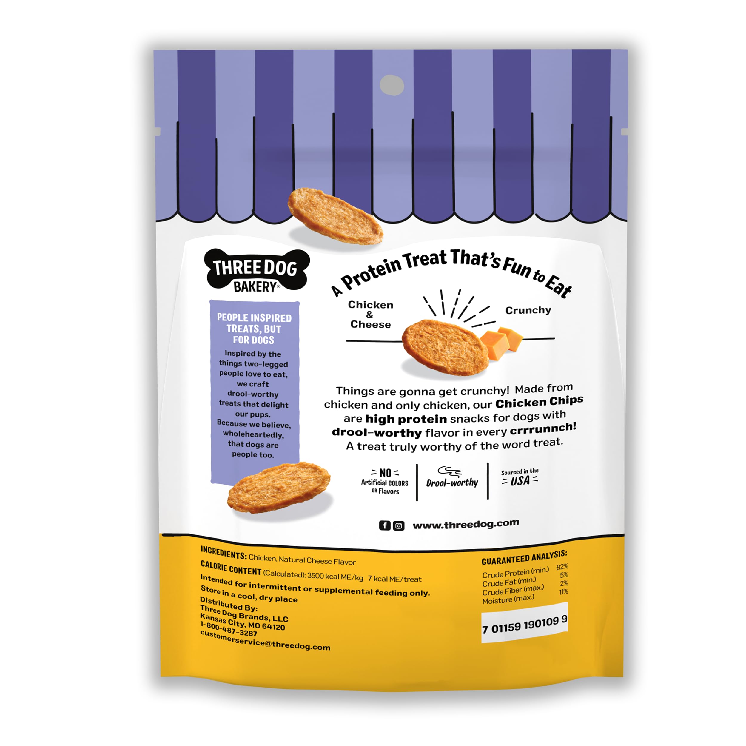 Three Dog Bakery Bark'N Crunch tranche-poulet-fromage, texture légère idéale pour l'entraînement.