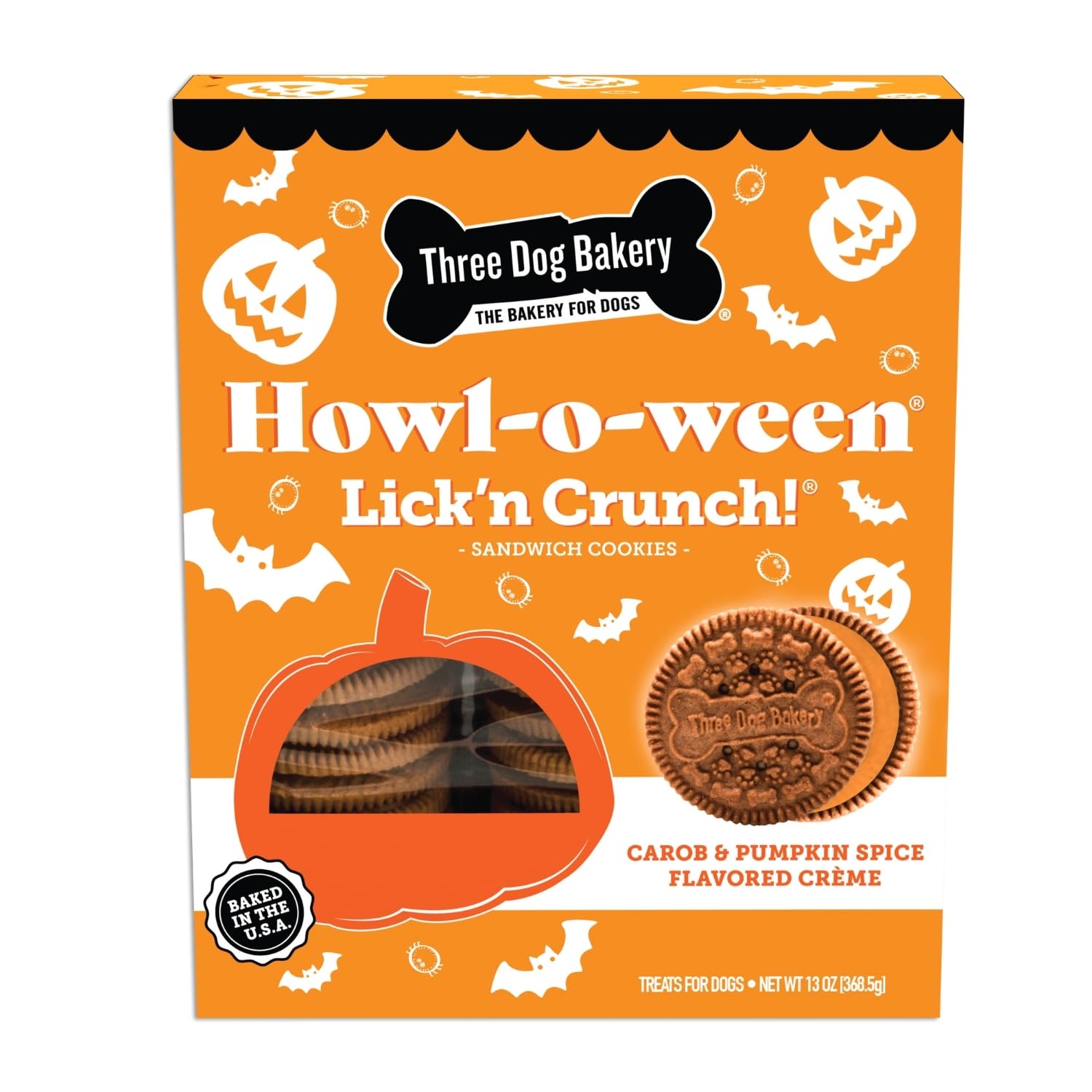 Three Dog Bakery Howl-O-Ween biscuit caroube-citrouille, arôme irrésistible pour chiens gourmands